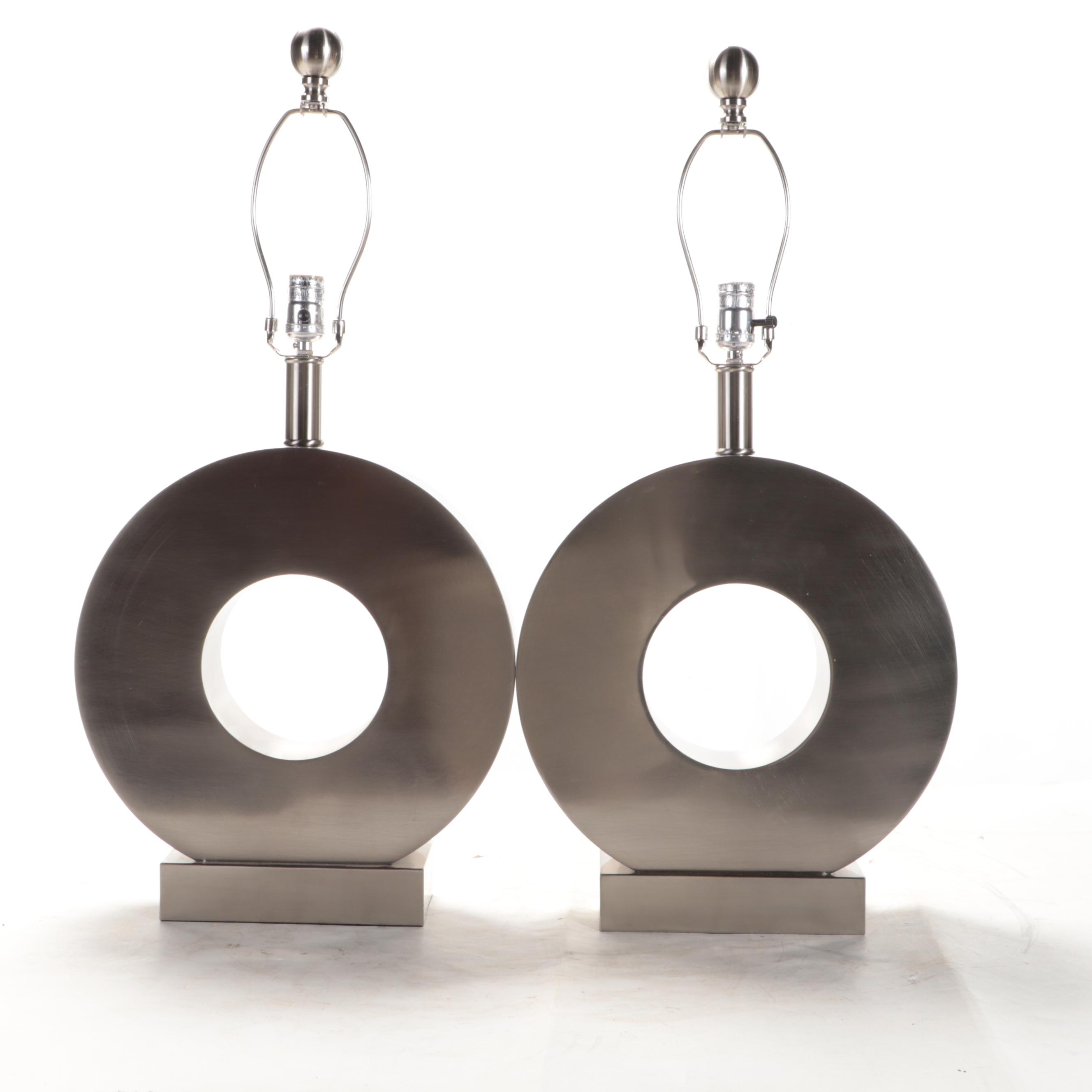 Pair of Brushed Metal Circle Table Lamps, Contemporary