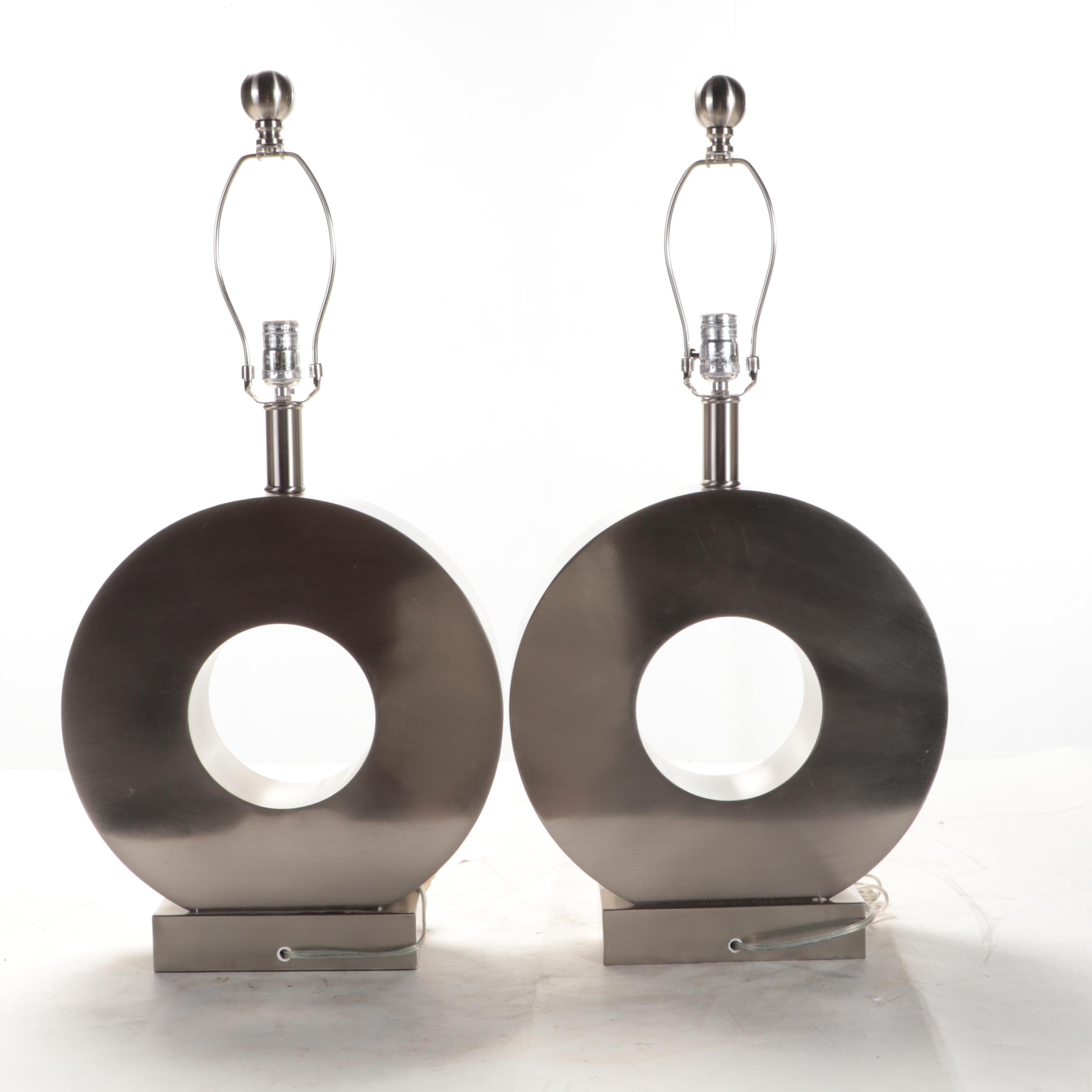 Pair of Brushed Metal Circle Table Lamps, Contemporary