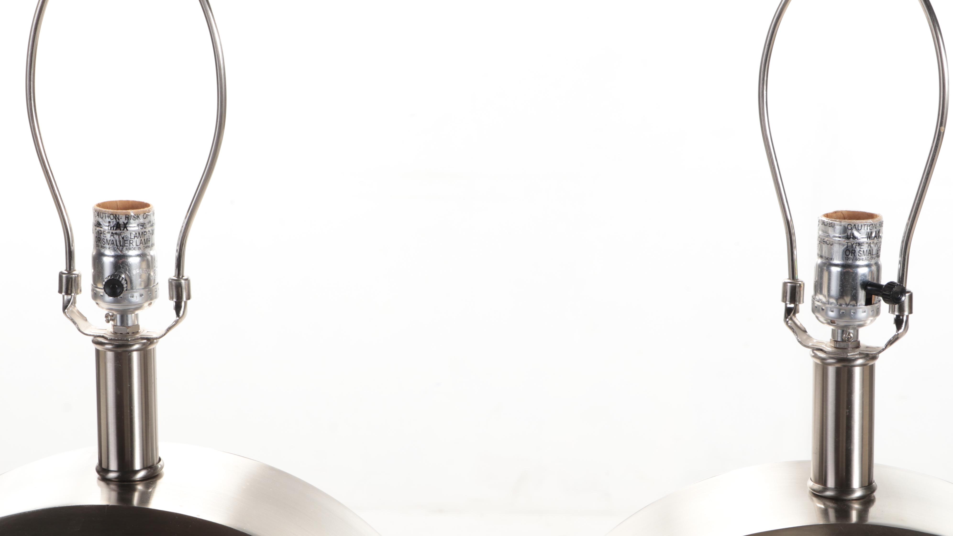 Pair of Brushed Metal Circle Table Lamps, Contemporary