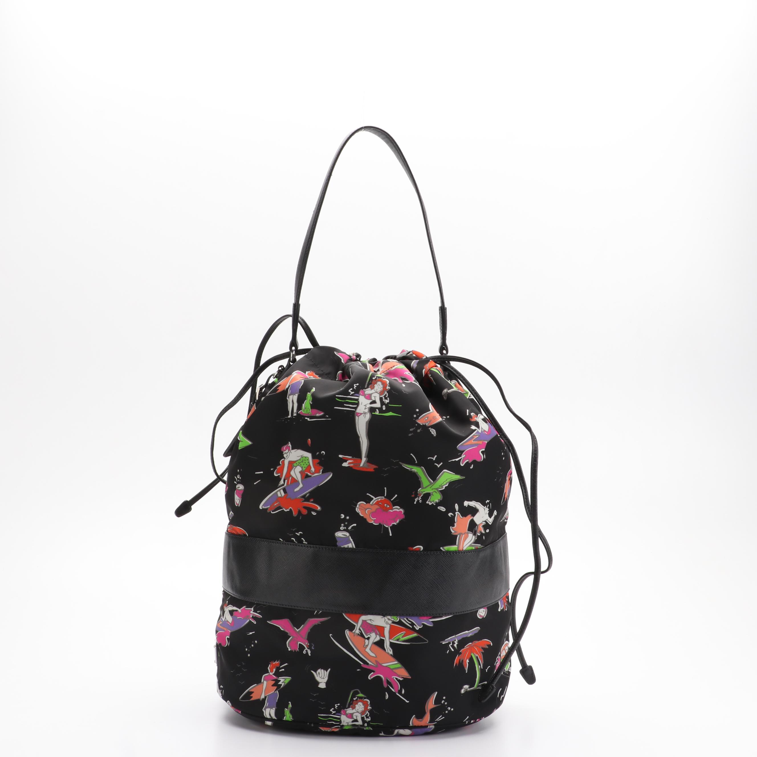 Prada Drawstring Bucket Bag Printed Tessuto Satchel