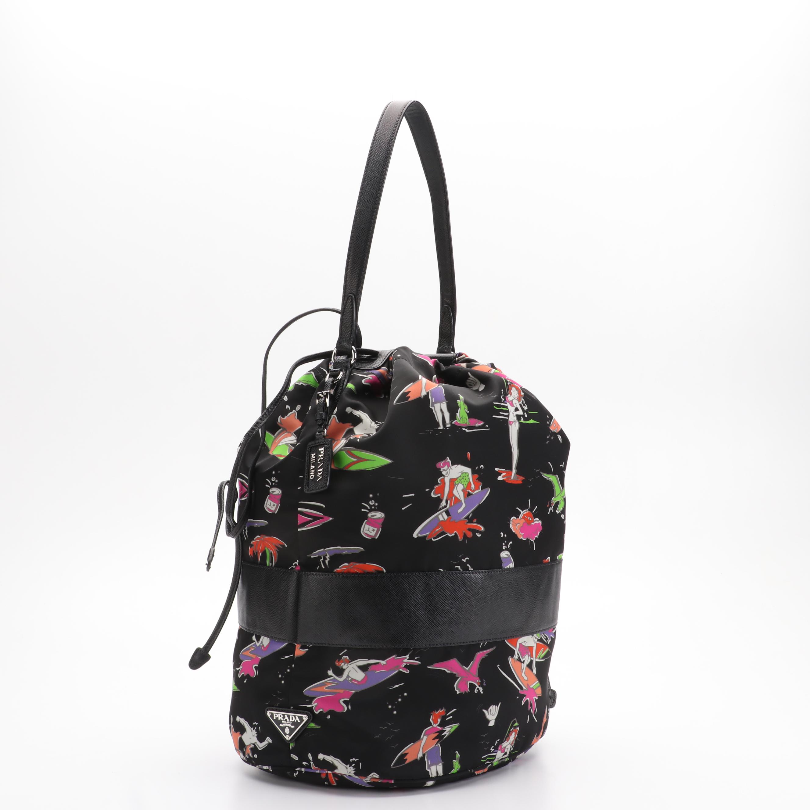 Prada Drawstring Bucket Bag Printed Tessuto Satchel