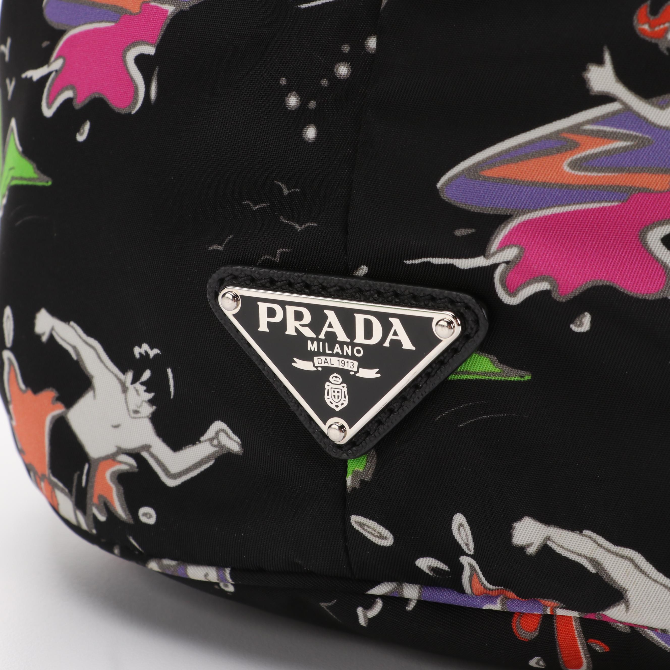 Prada Drawstring Bucket Bag Printed Tessuto Satchel