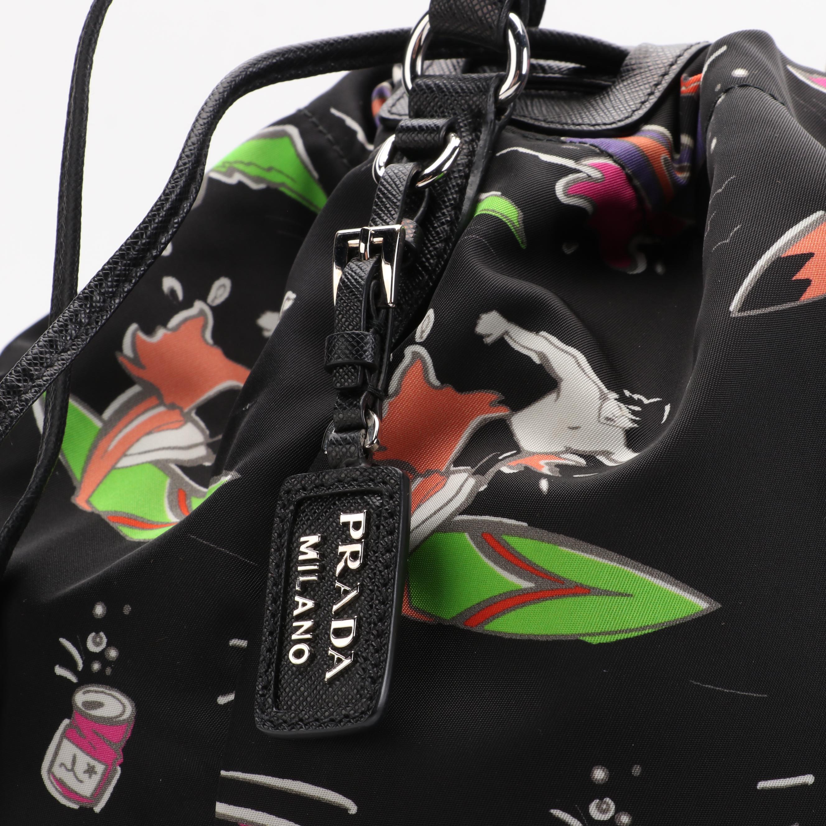 Prada Drawstring Bucket Bag Printed Tessuto Satchel