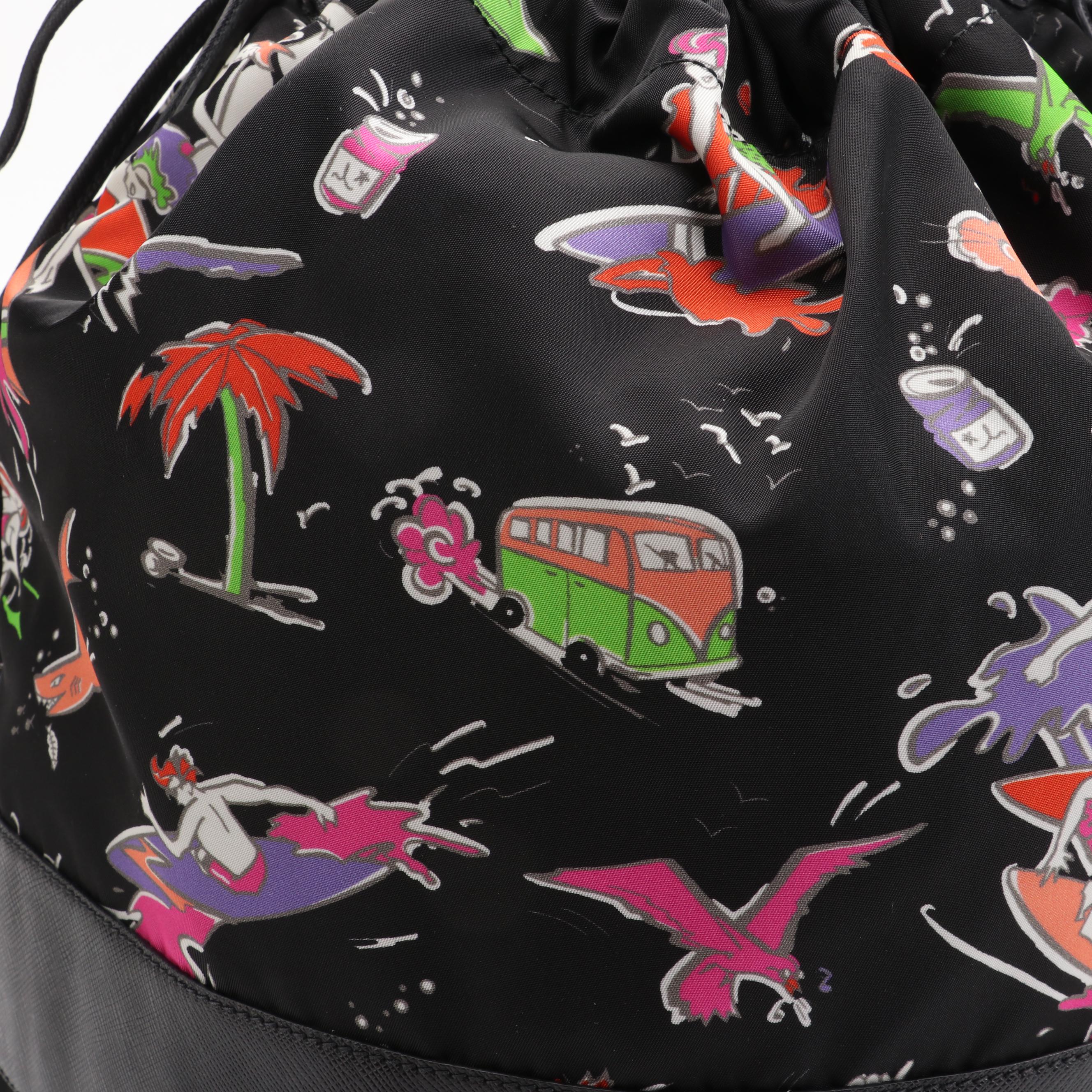 Prada Drawstring Bucket Bag Printed Tessuto Satchel