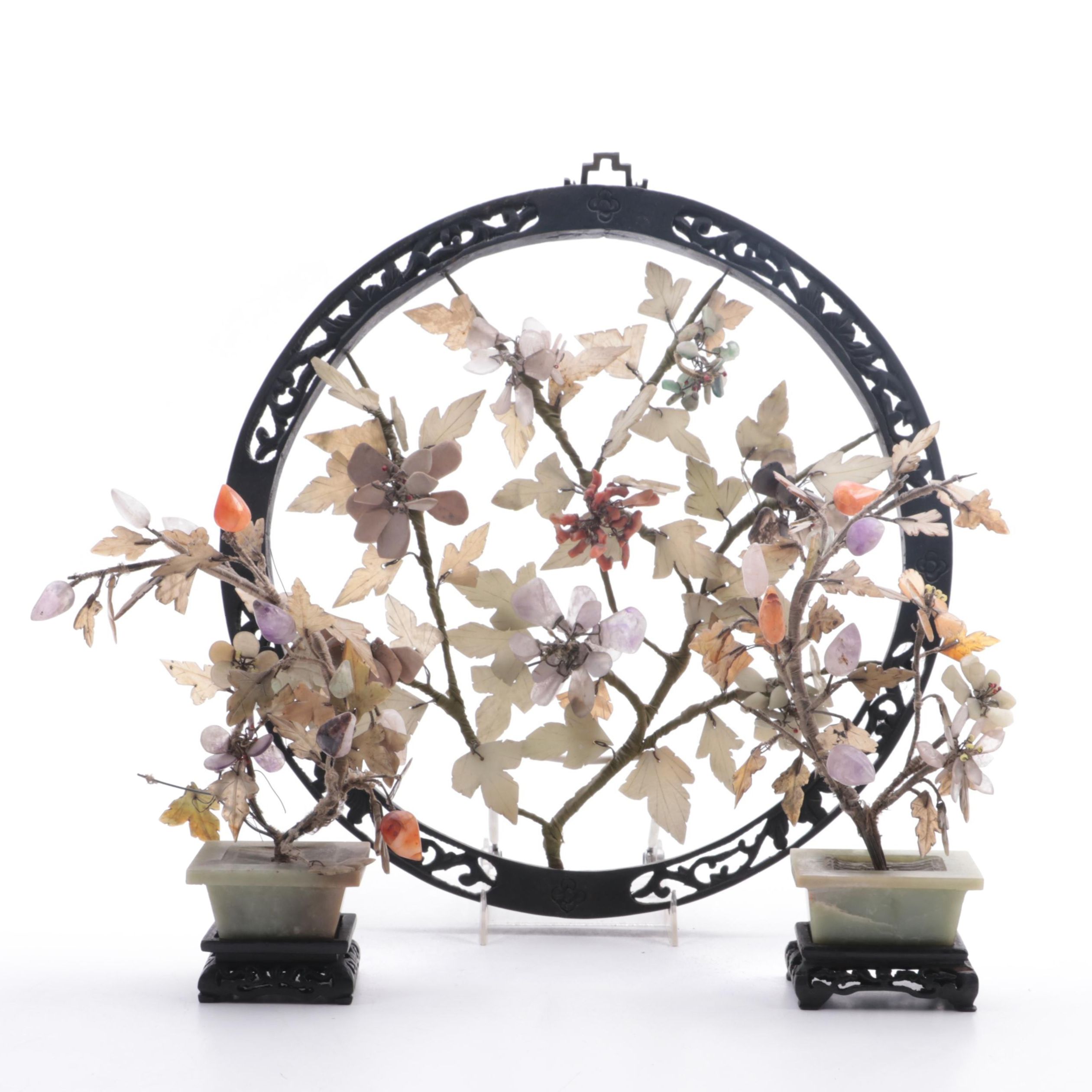 Chinese Carved Stone Bonsai Trees With Framed Wall Display