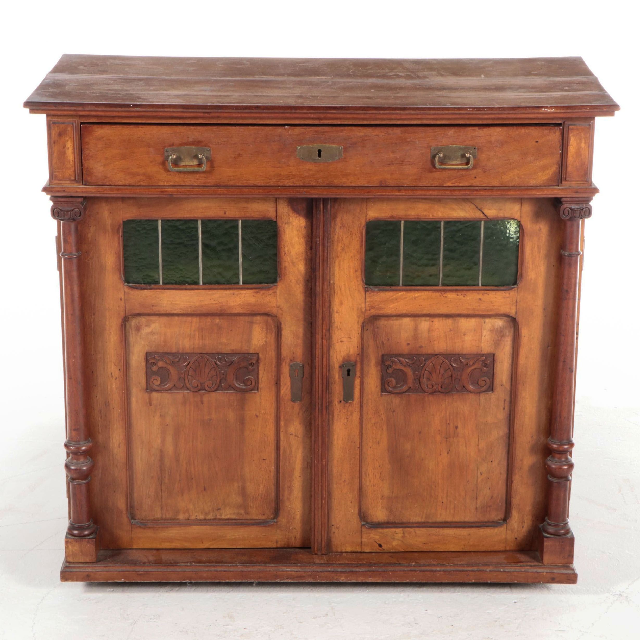Victorian Hardwood Cabinet Base with Leaded Glass Windows