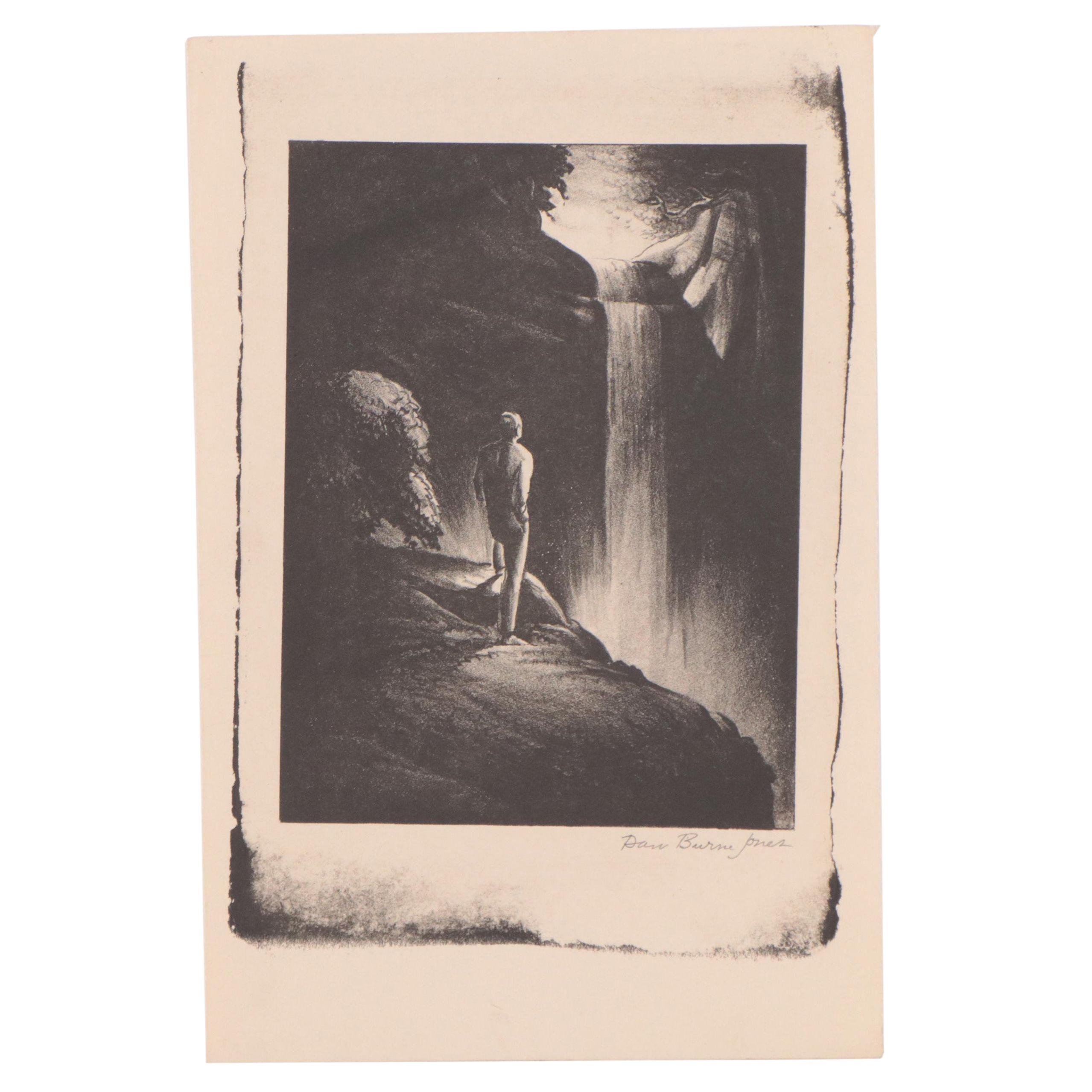 Dan Burne Jones Figurative Lithograph of Man at Waterfall