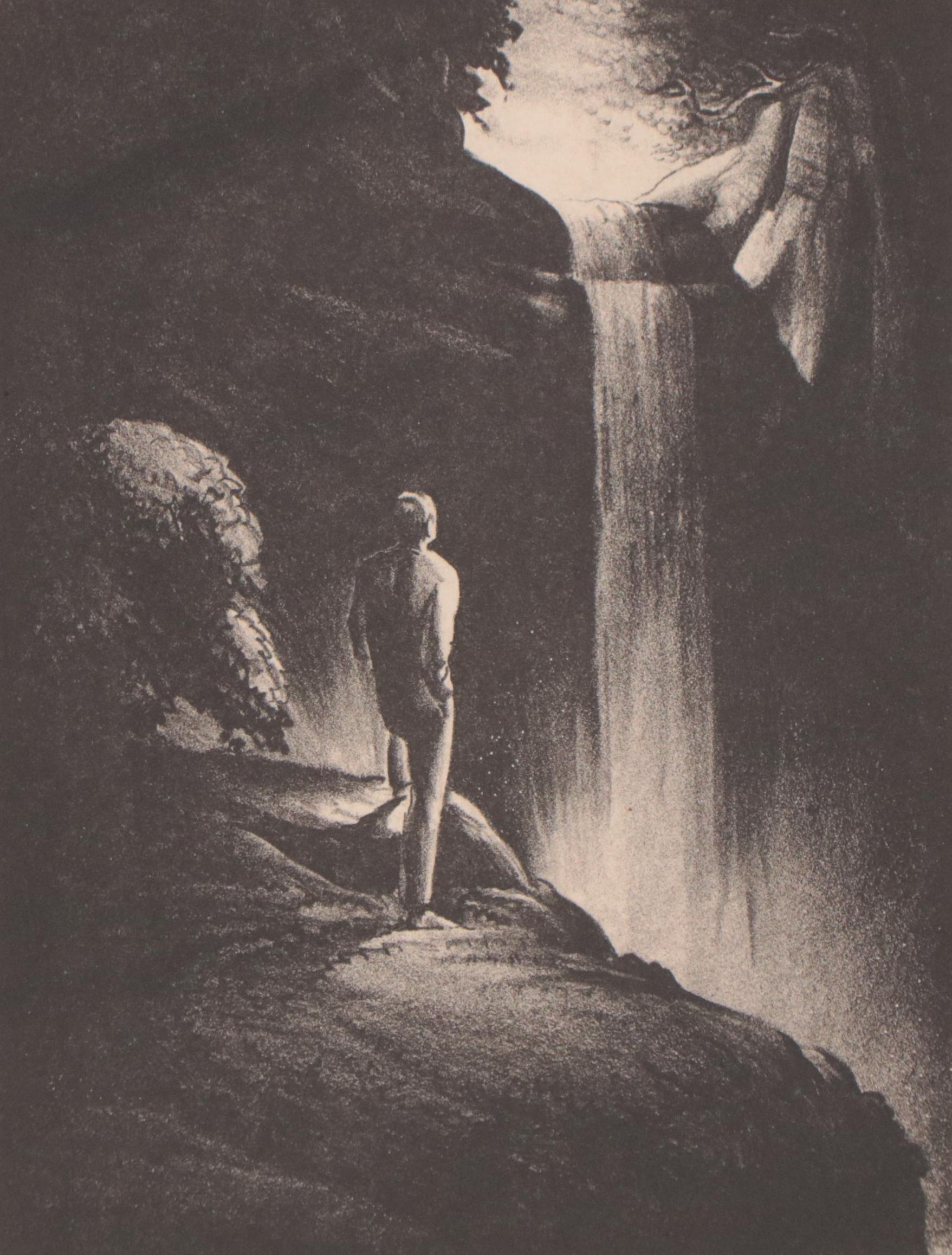 Dan Burne Jones Figurative Lithograph of Man at Waterfall