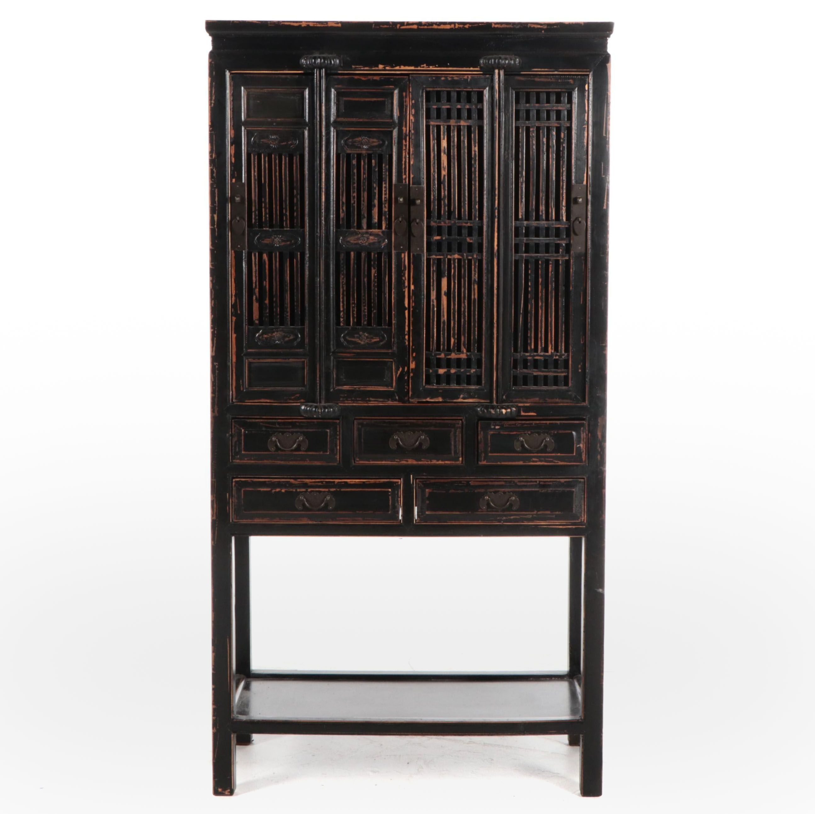 Arhaus Chinese Ebonized Wood Slat Front Cabinet