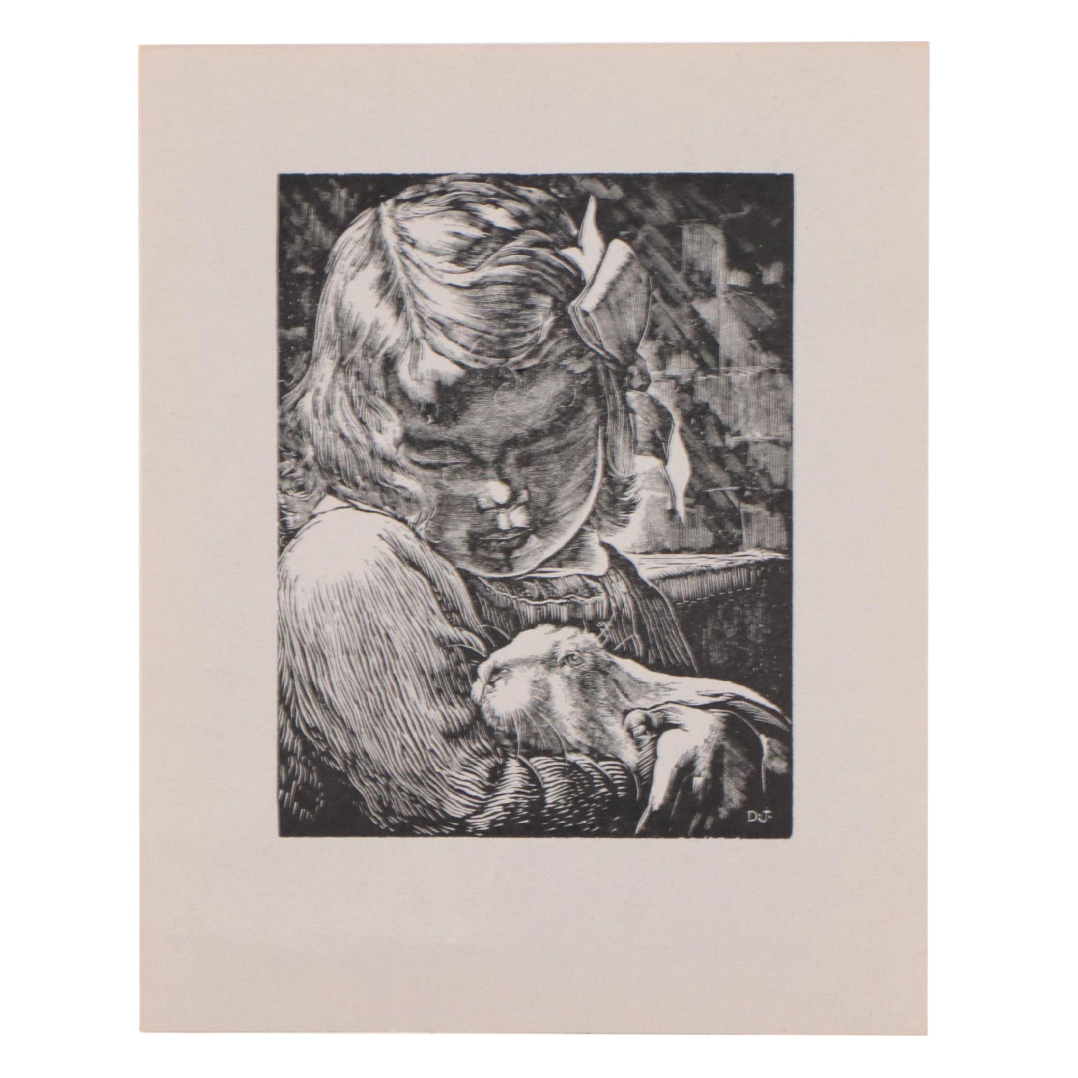 Dan Burne Jones Wood Engraving of Girl Holding Bunny