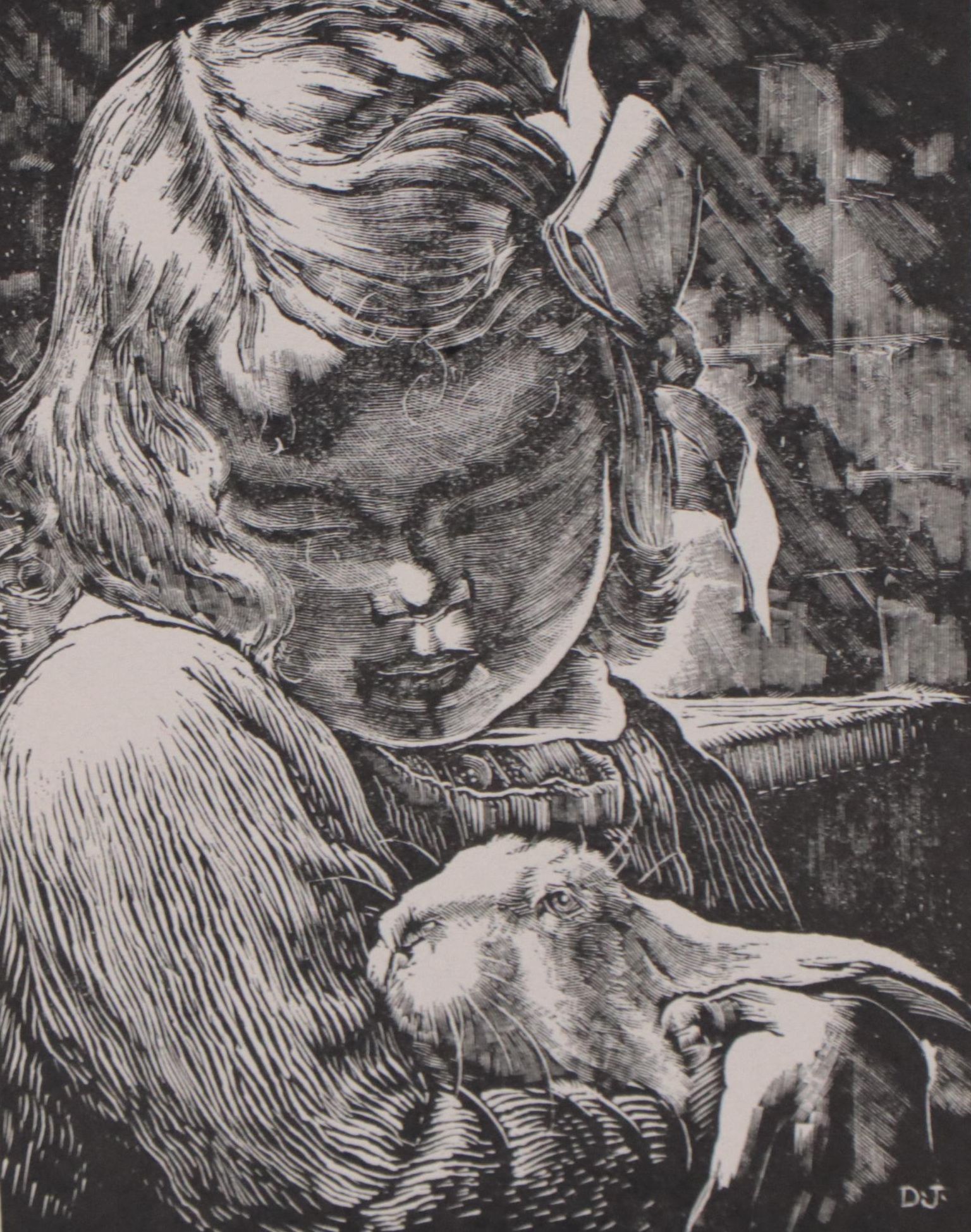 Dan Burne Jones Wood Engraving of Girl Holding Bunny