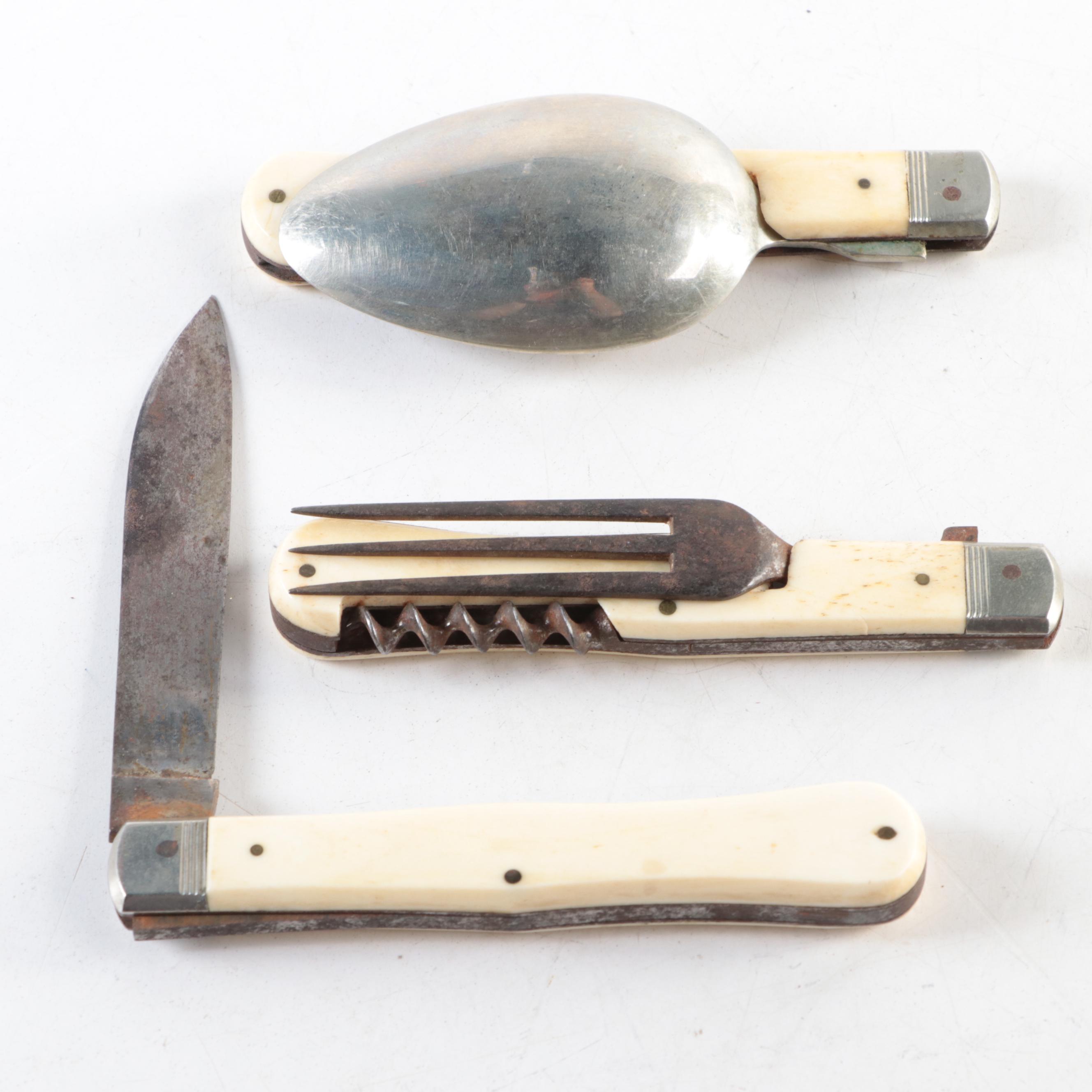 French Bone Handled Folding Flatware Set, Early 20th Century