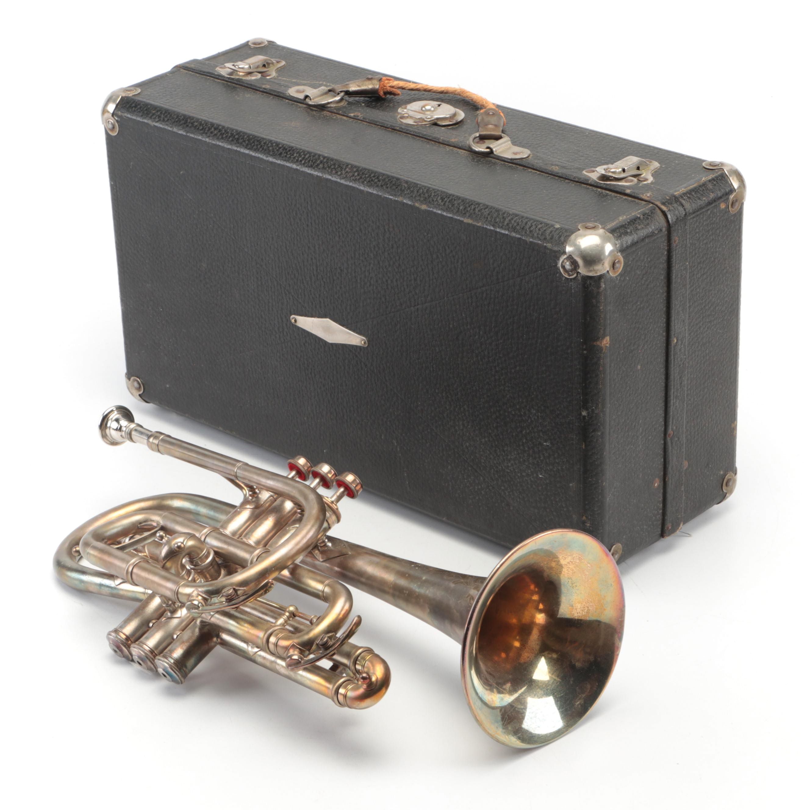 JW York Professional A/Bb Cornet with Case, Early 20th Century