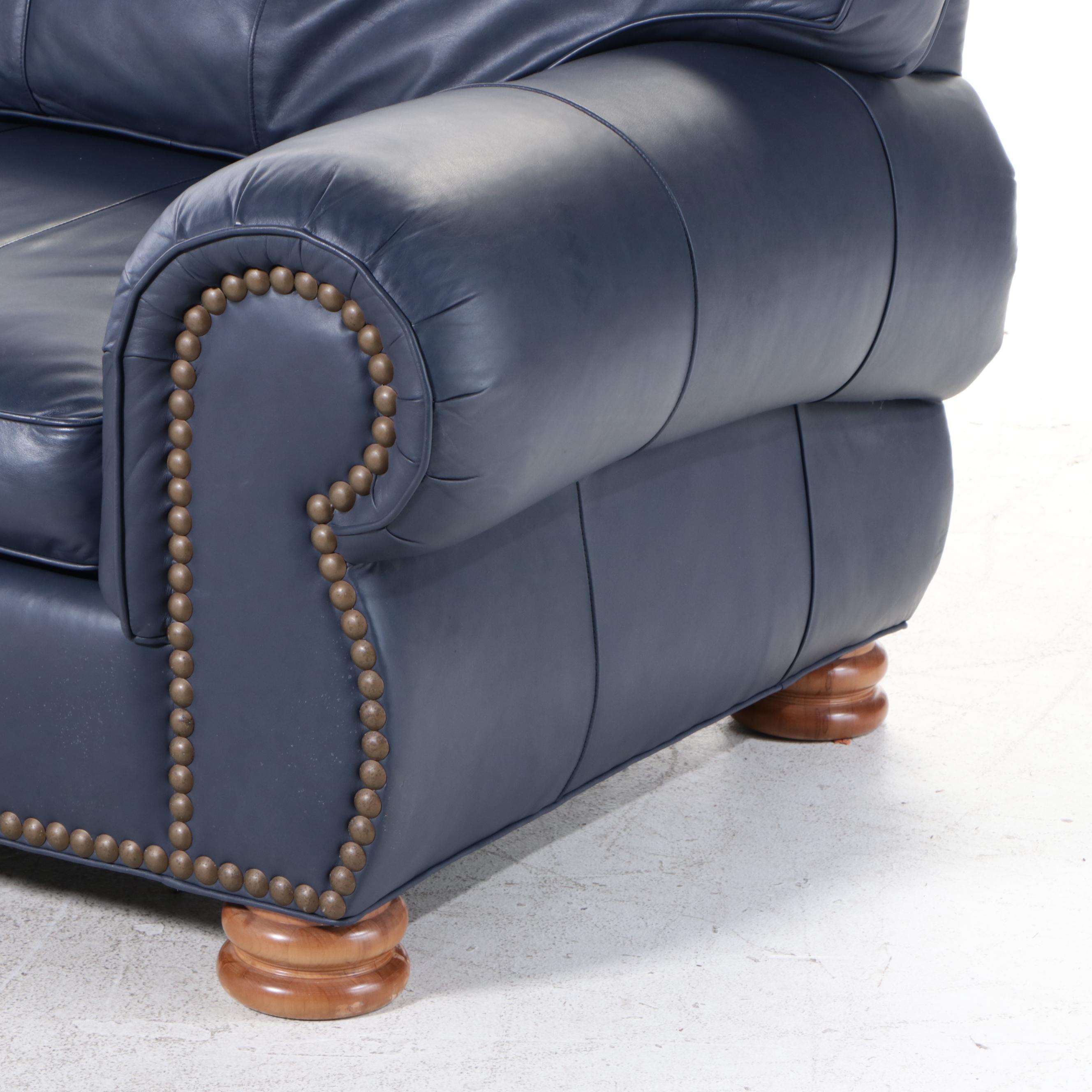 Whittemore-Sherrill Furniture Blue Leather Upholstered and Brass-Tacked Sofa