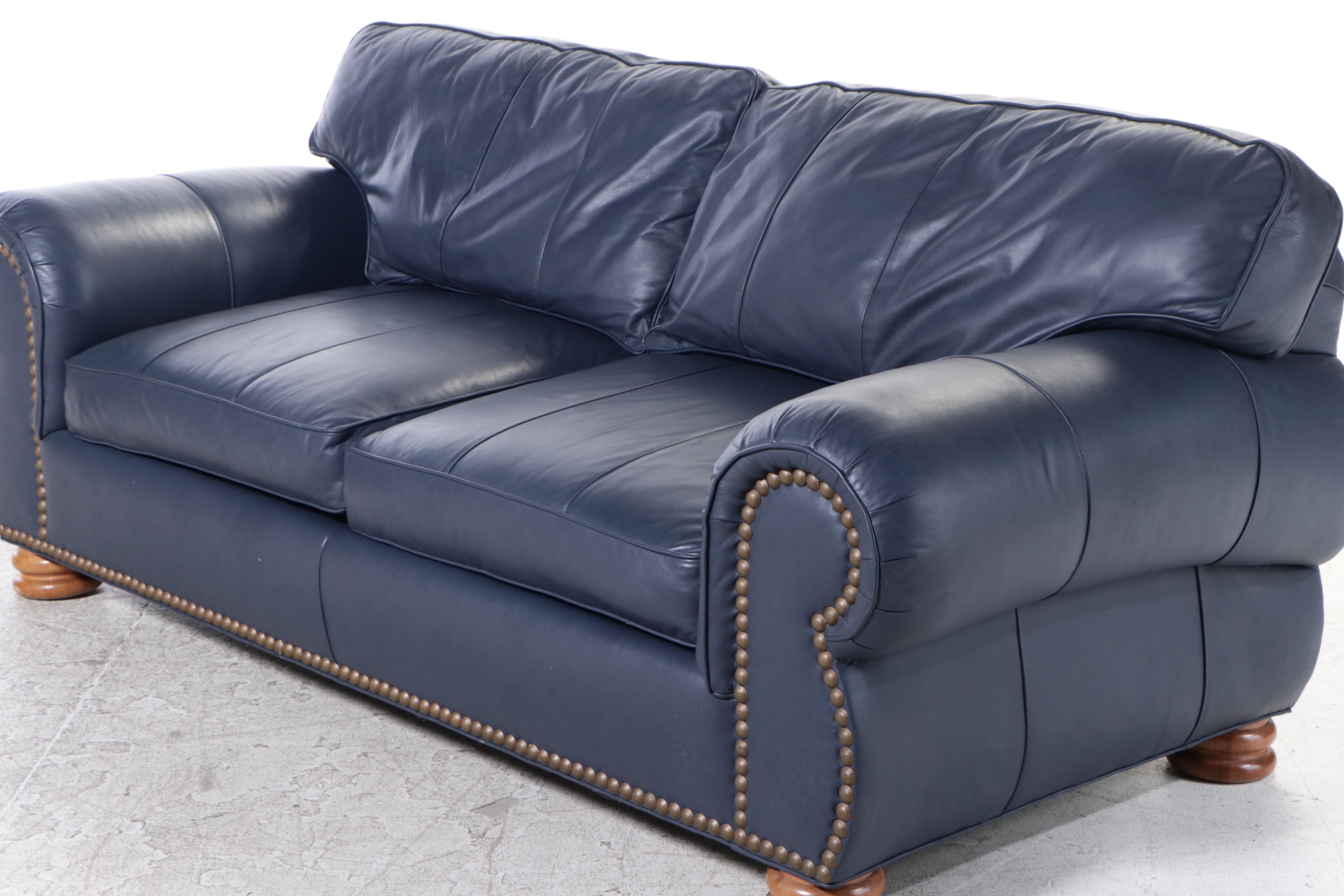 Whittemore-Sherrill Furniture Blue Leather Upholstered and Brass-Tacked Sofa