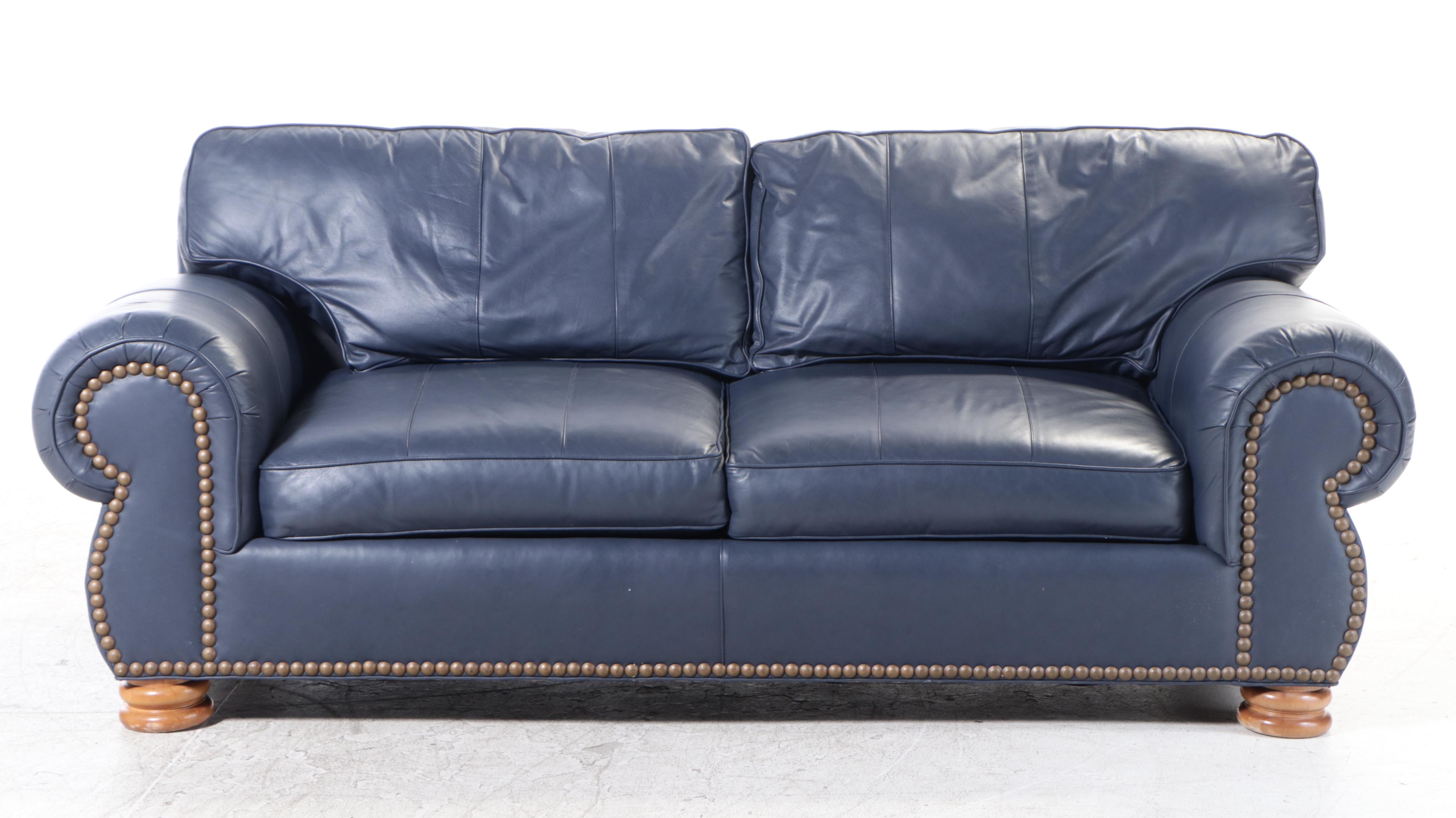 Whittemore-Sherrill Furniture Blue Leather Upholstered and Brass-Tacked Sofa