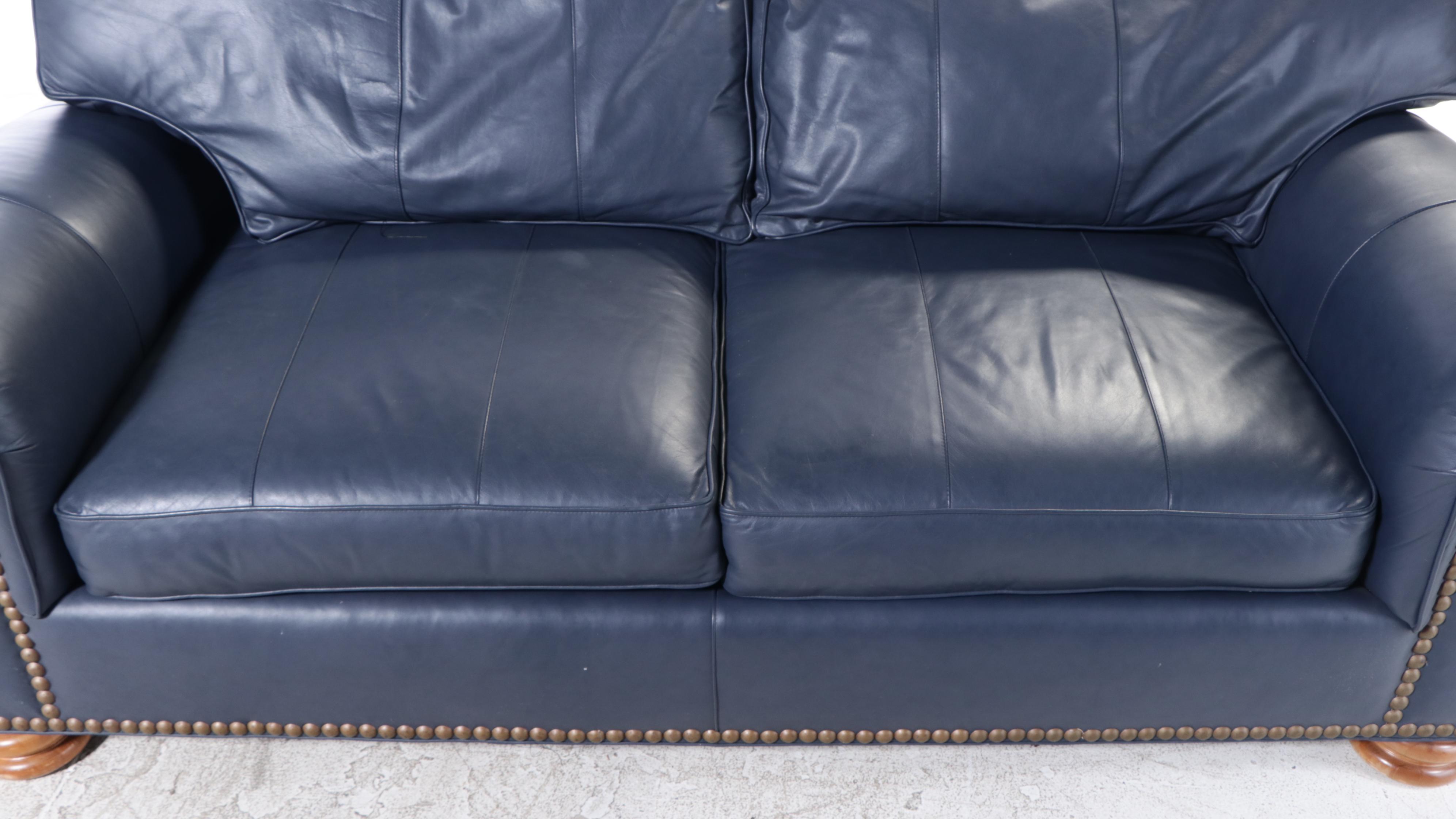 Whittemore-Sherrill Furniture Blue Leather Upholstered and Brass-Tacked Sofa