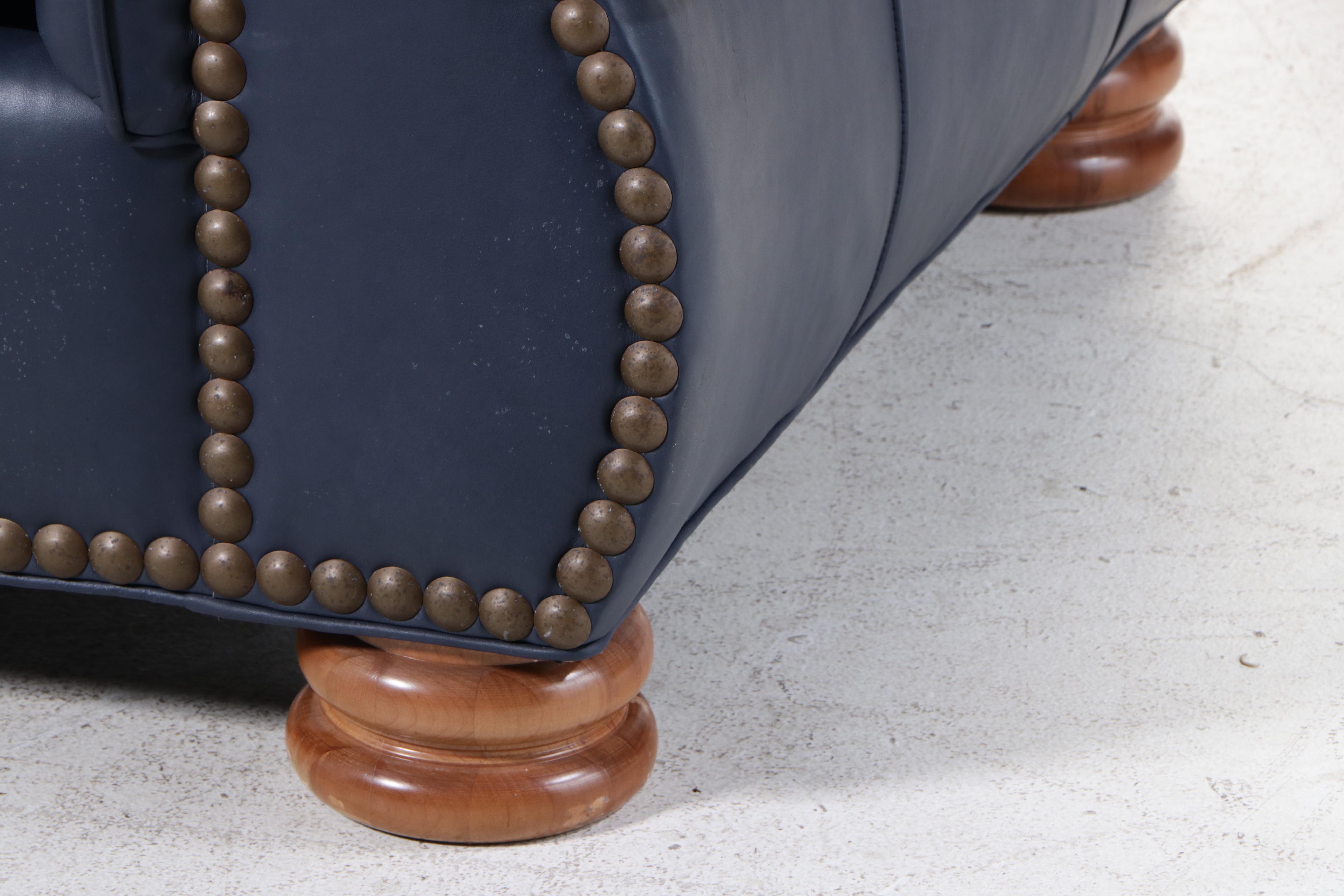 Whittemore-Sherrill Furniture Blue Leather Upholstered and Brass-Tacked Sofa