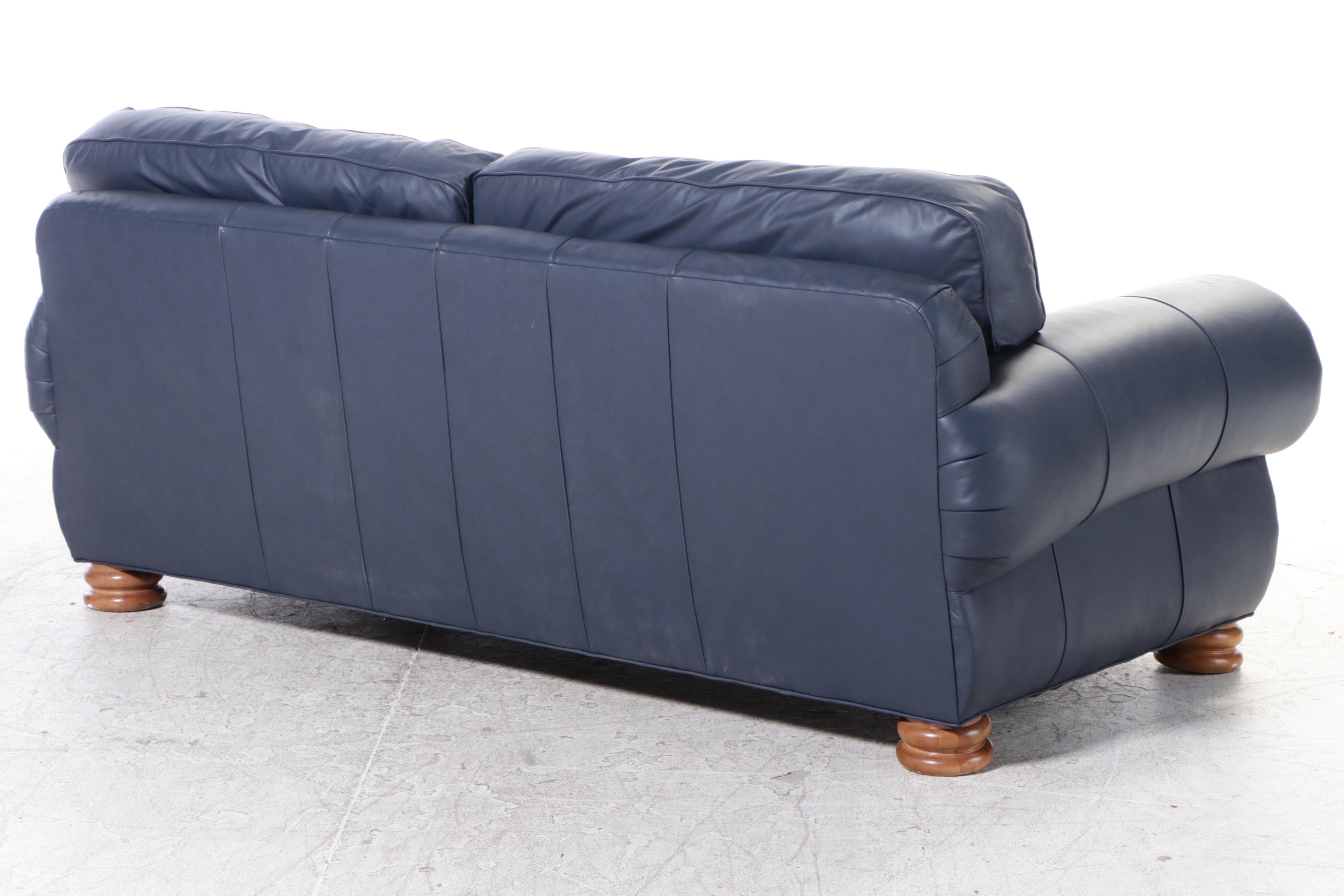 Whittemore-Sherrill Furniture Blue Leather Upholstered and Brass-Tacked Sofa