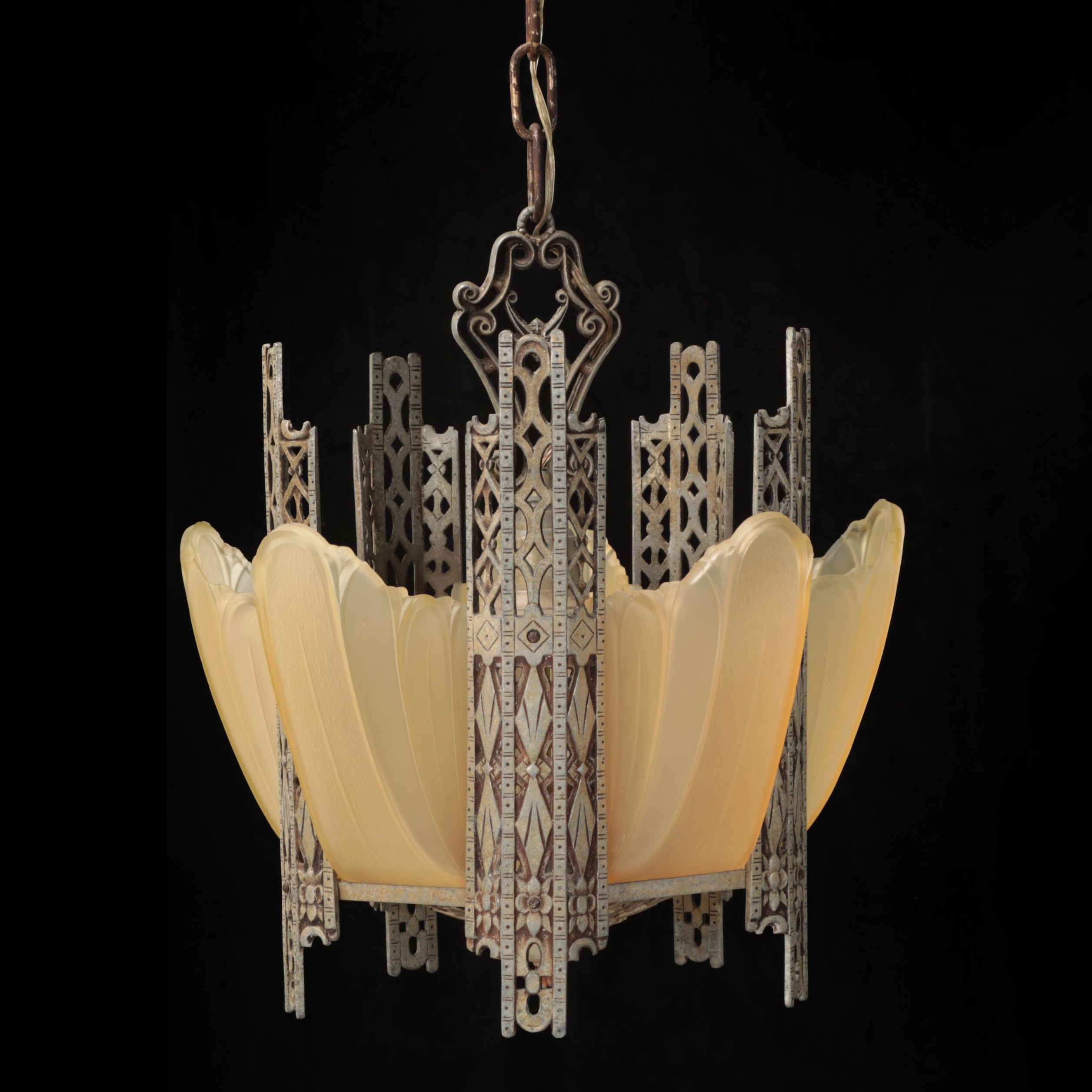 Art Deco Uranium Glass Slip Shade and Spelter Chandelier