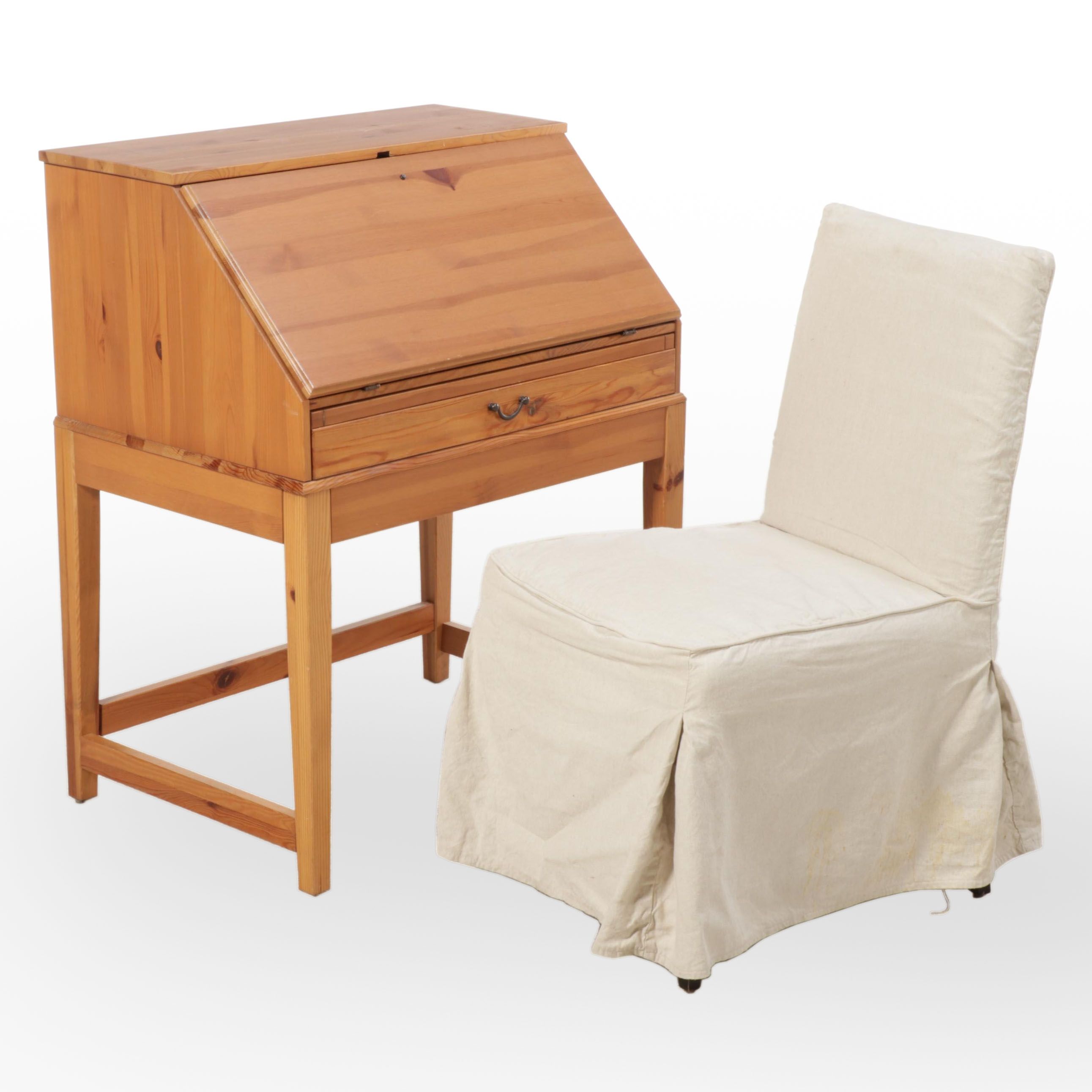 IKEA Pine Slant-Front Desk Plus Crate & Barrel Slip-Covered Side Chair