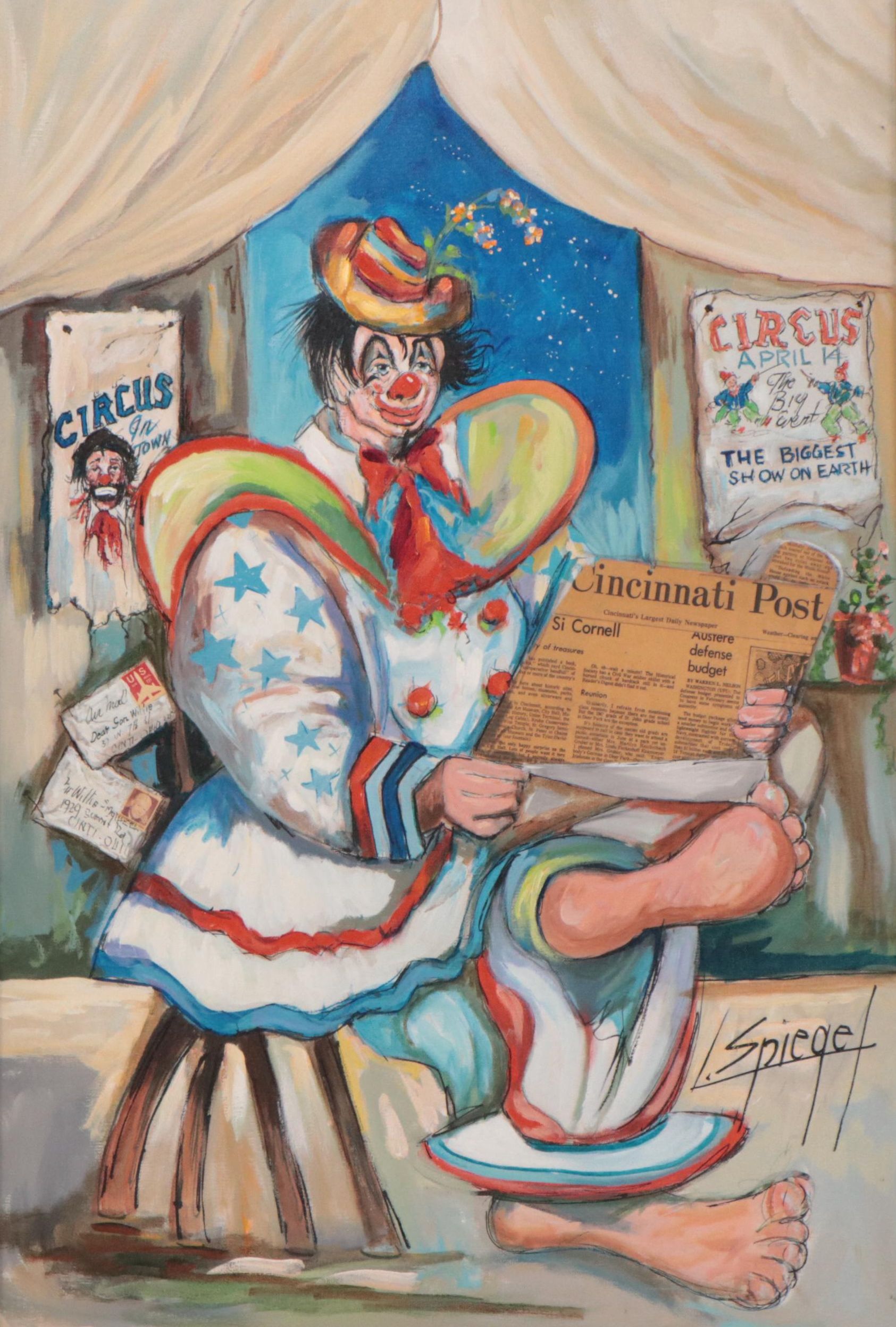 Louis Spiegel Clown Portrait Oil Painting, 1975