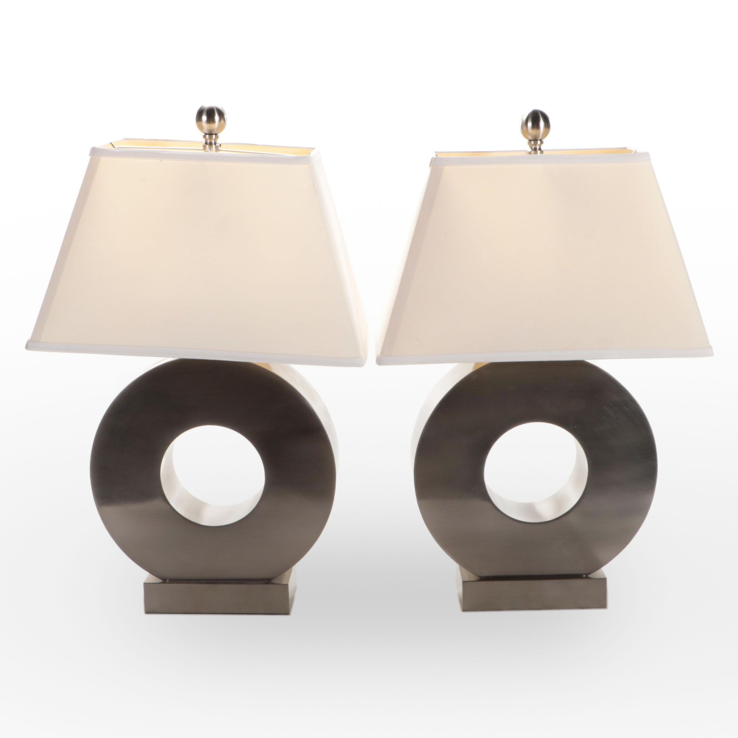 Pair of Brushed Metal Circle Table Lamps, Contemporary