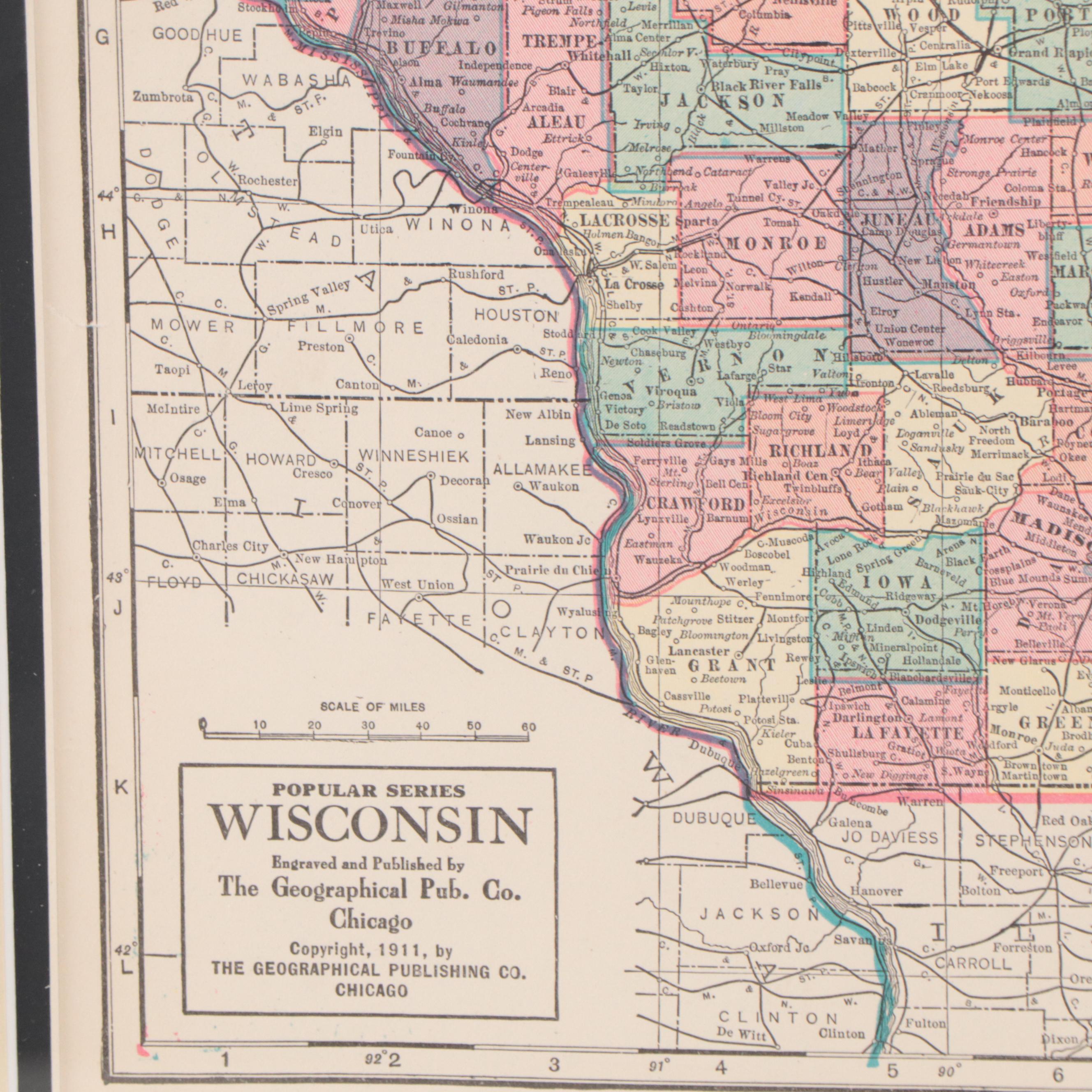 The Geographical Publishing Co. Wax Engraving Map "Wisconsin", 1911