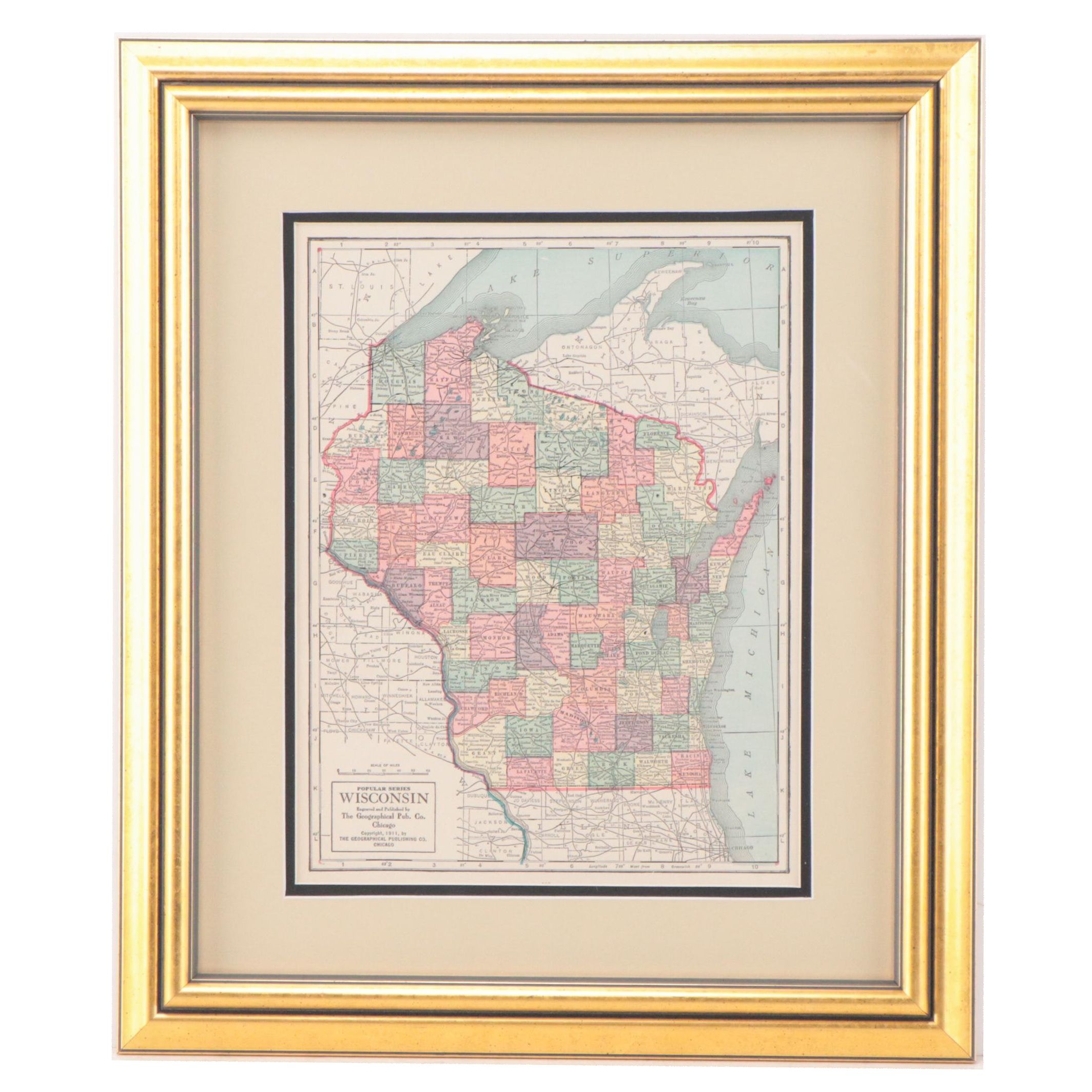 The Geographical Publishing Co. Wax Engraving Map "Wisconsin", 1911