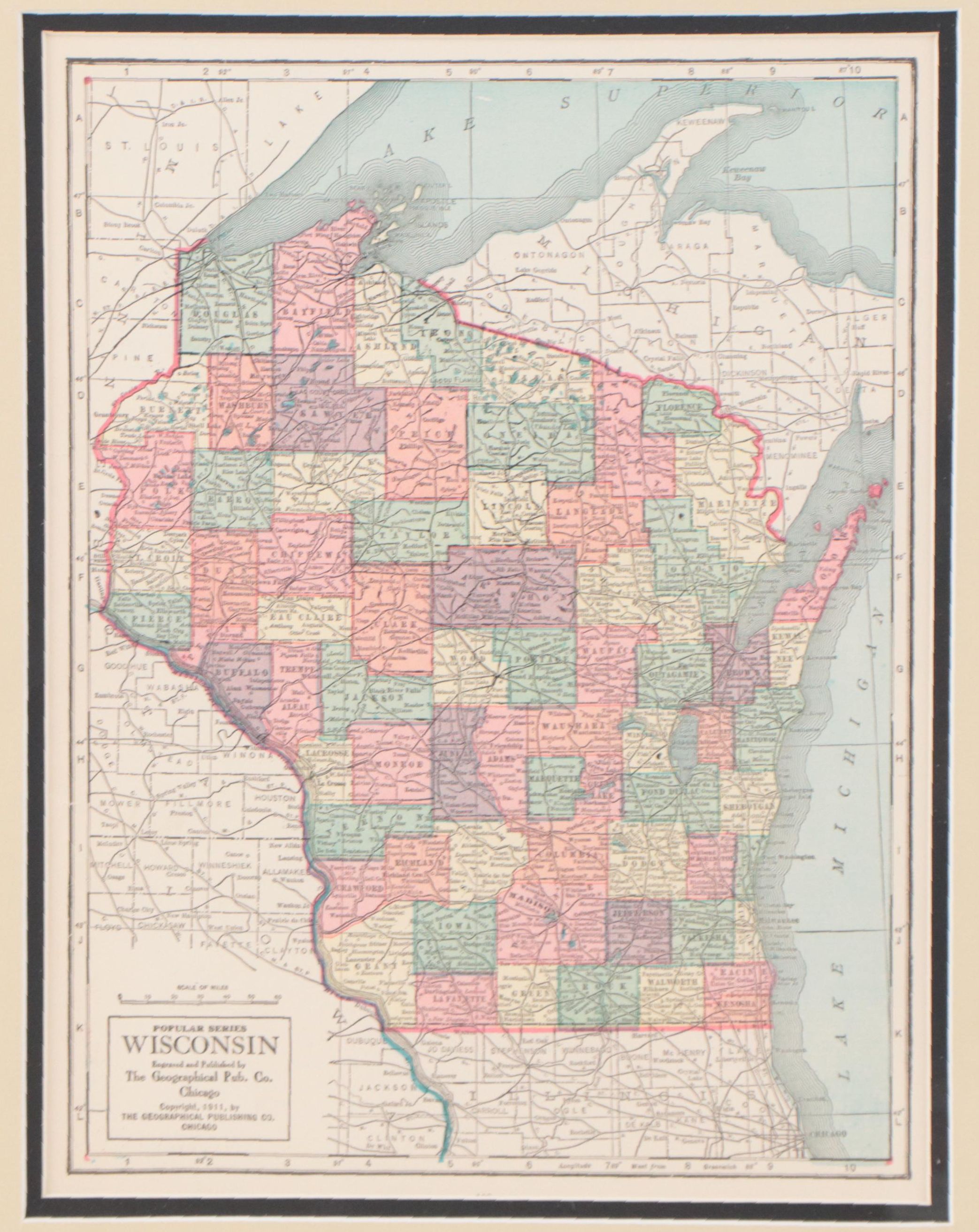 The Geographical Publishing Co. Wax Engraving Map "Wisconsin", 1911