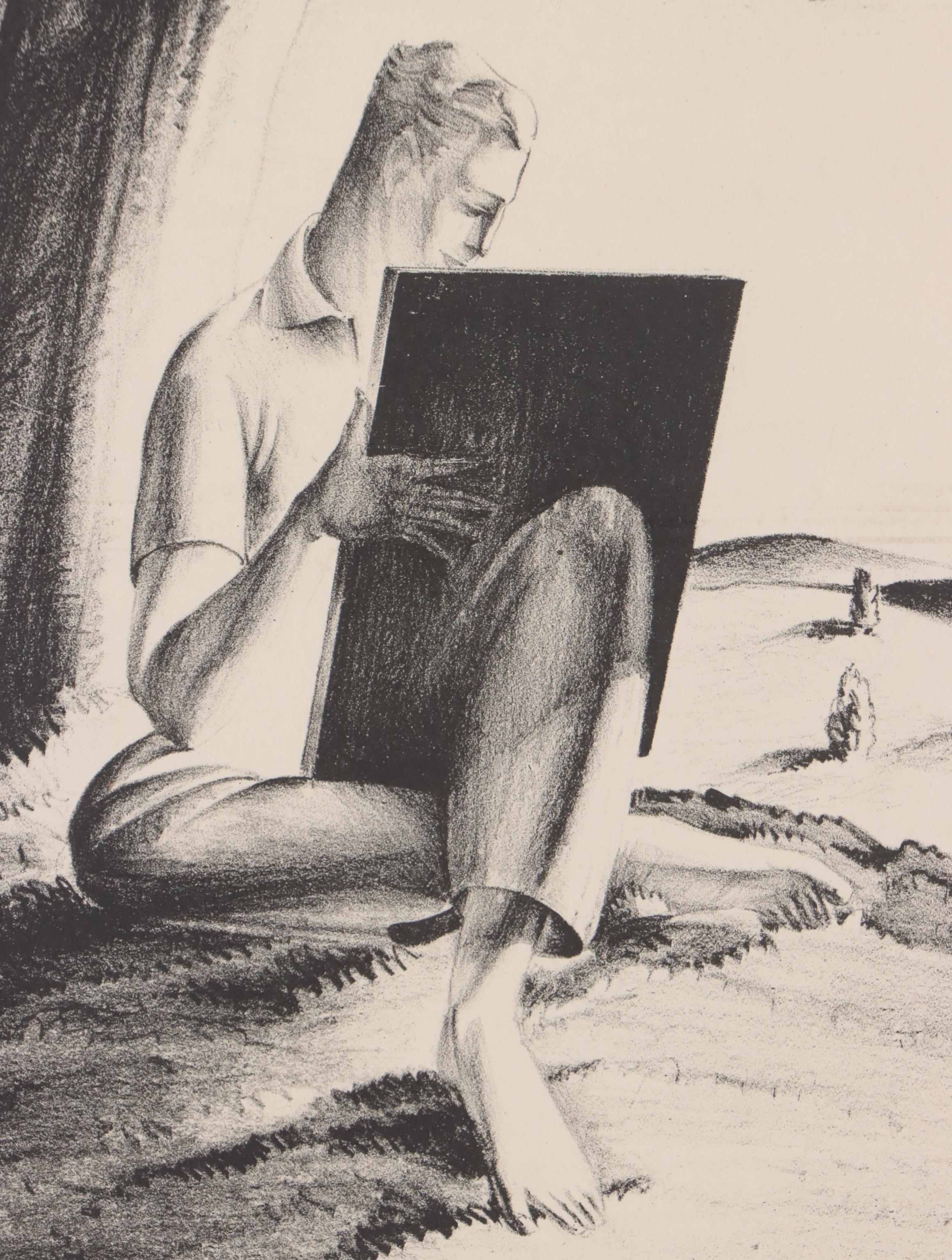 Dan Burne Jones Figurative Lithograph of Artist Sitting Under a Tree
