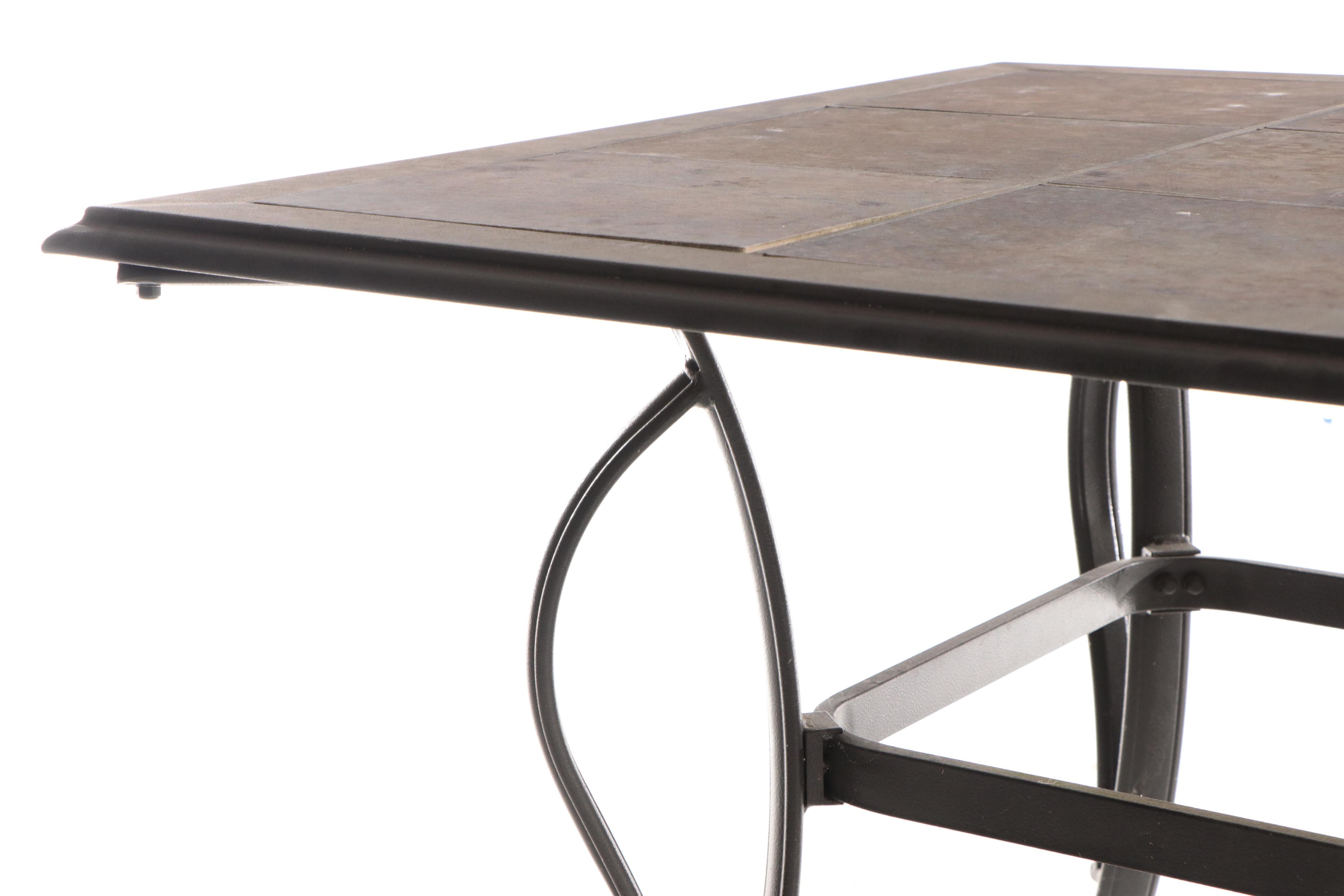 Tiled Metal Patio Dining Table With Swivel Captain's Chairs and Armchairs