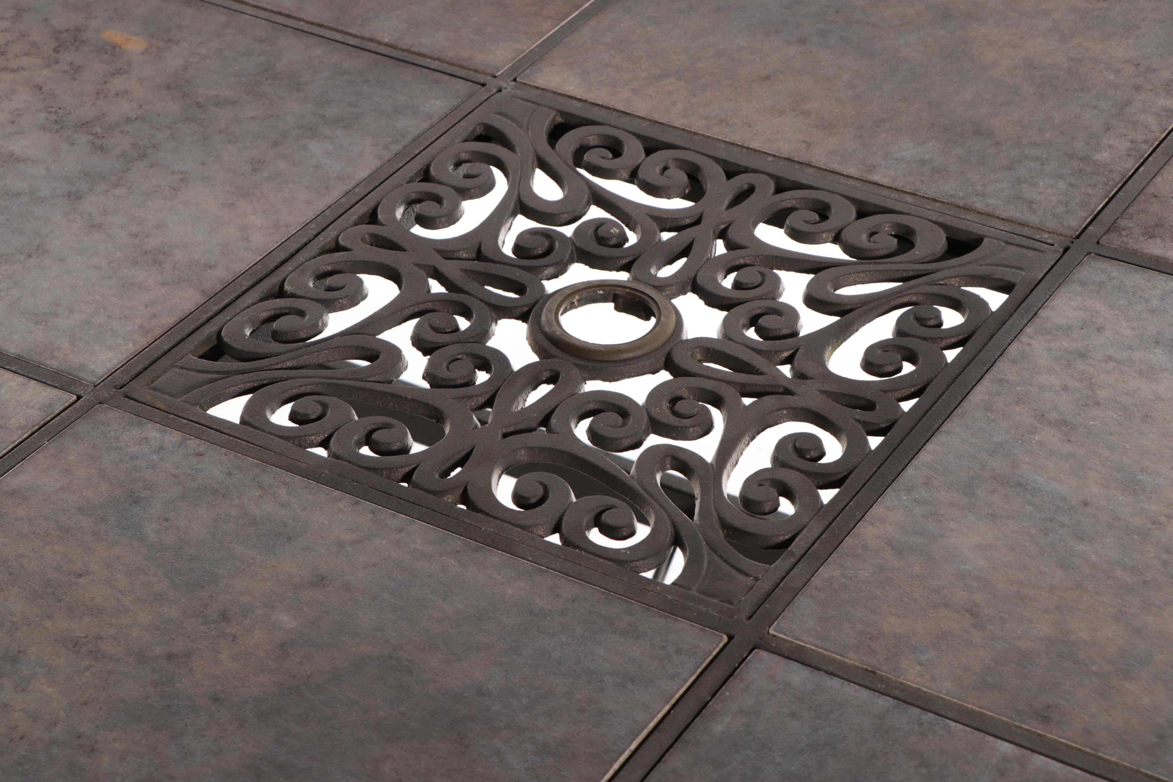 Tiled Metal Patio Dining Table With Swivel Captain's Chairs and Armchairs