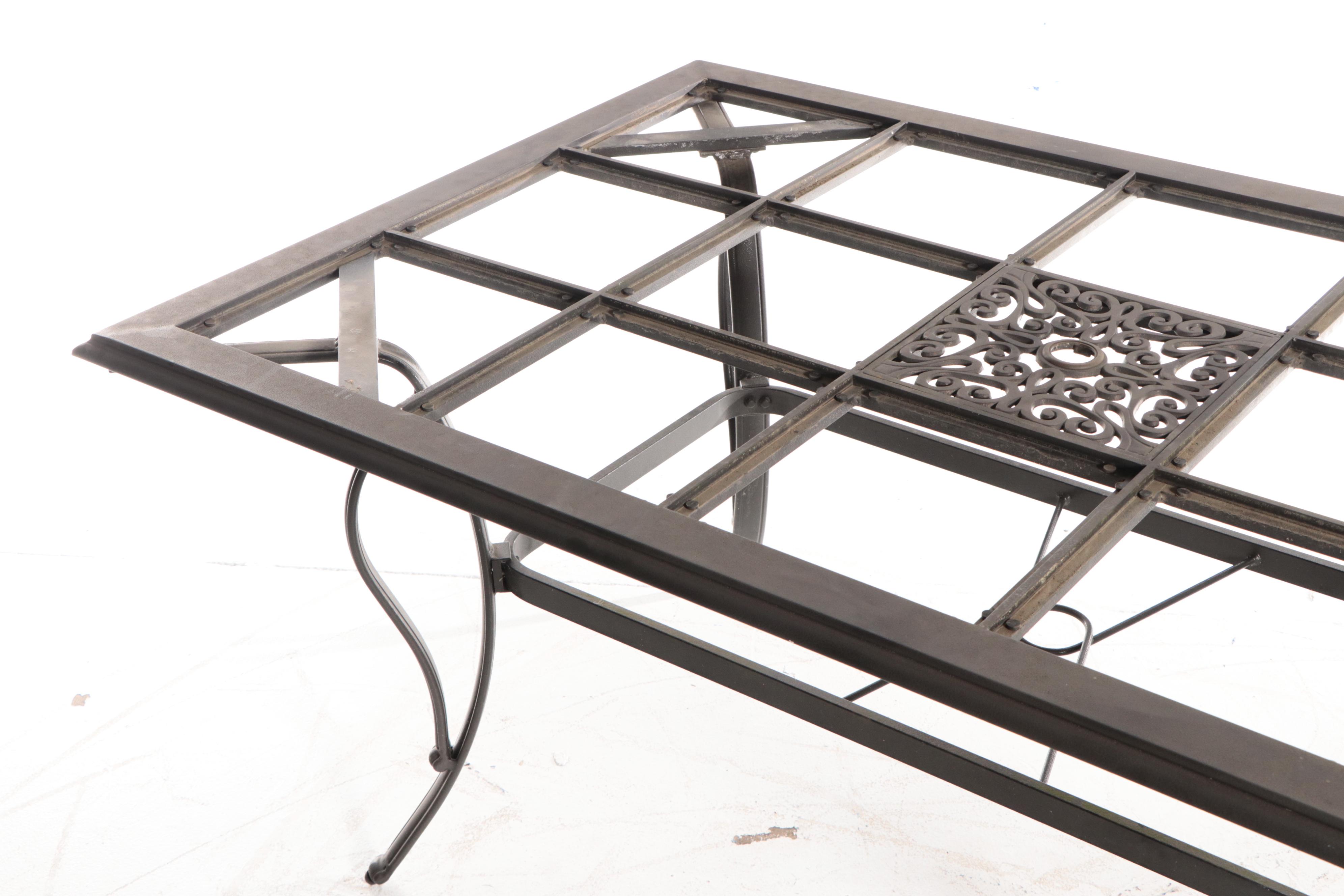 Tiled Metal Patio Dining Table With Swivel Captain's Chairs and Armchairs