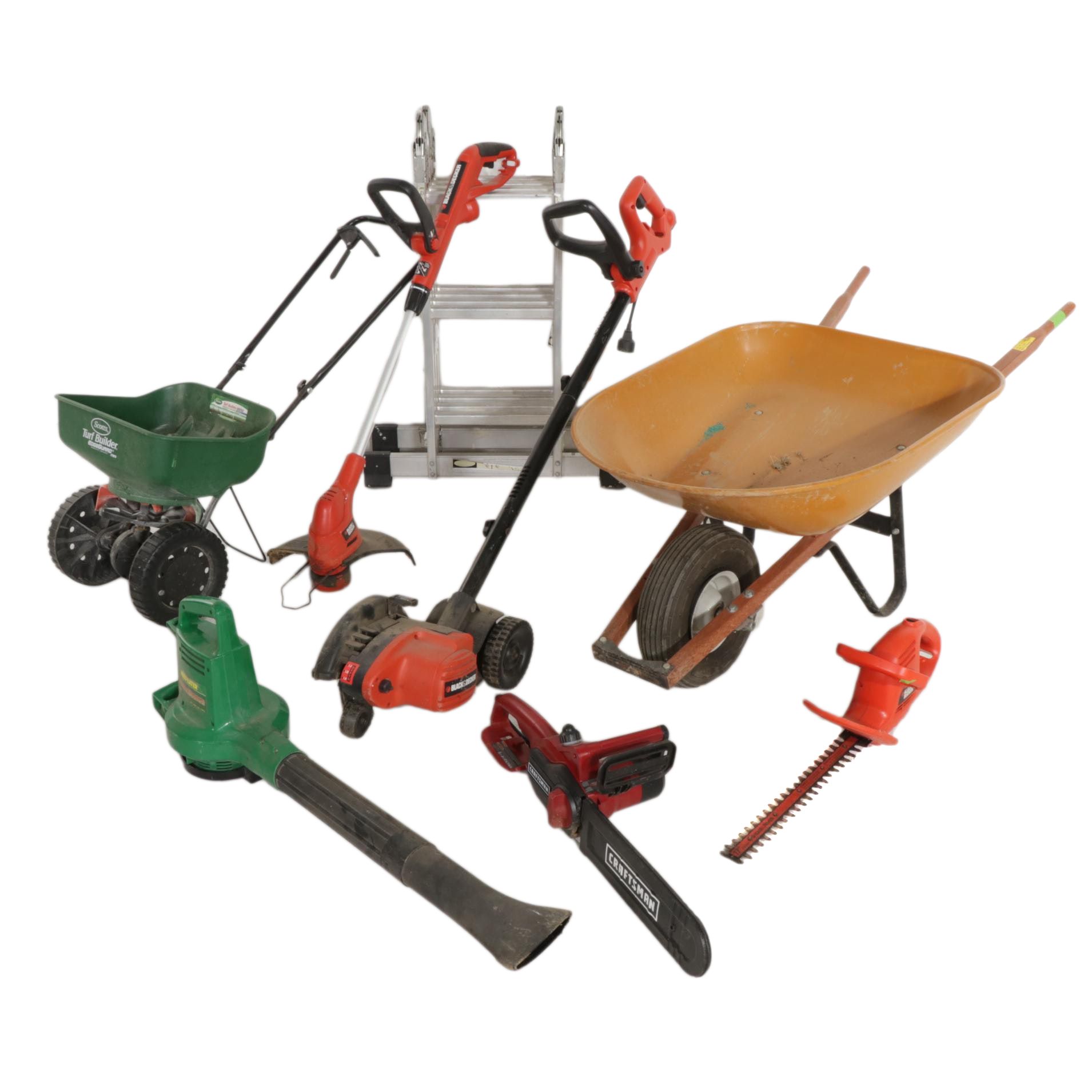 Scotts Broadcast Spreader, Wheelbarrow, Chainsaw, Blower and More