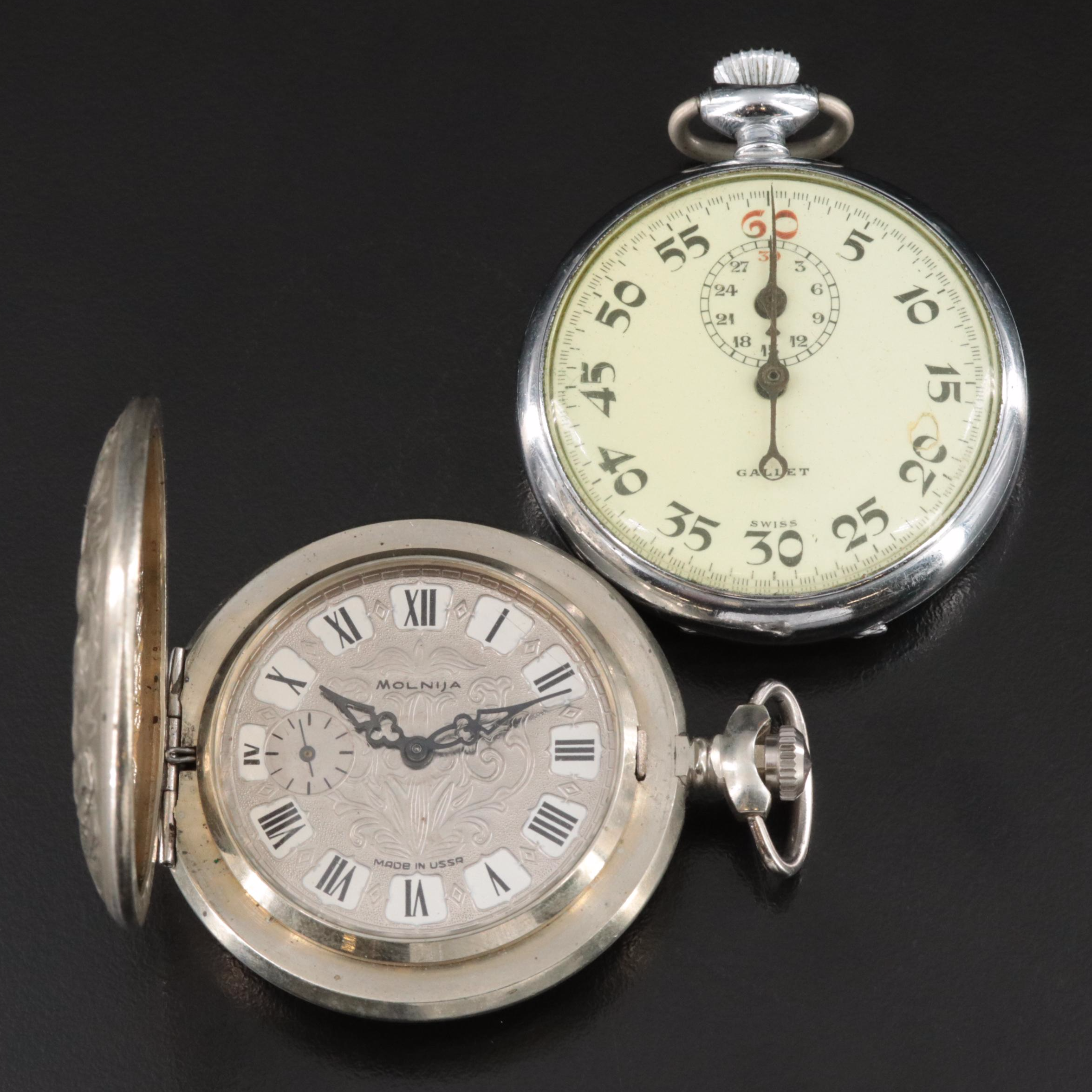 Molnija Russian-Made Pocket Watch and Swiss Gallet 30 Minute Stop Watch