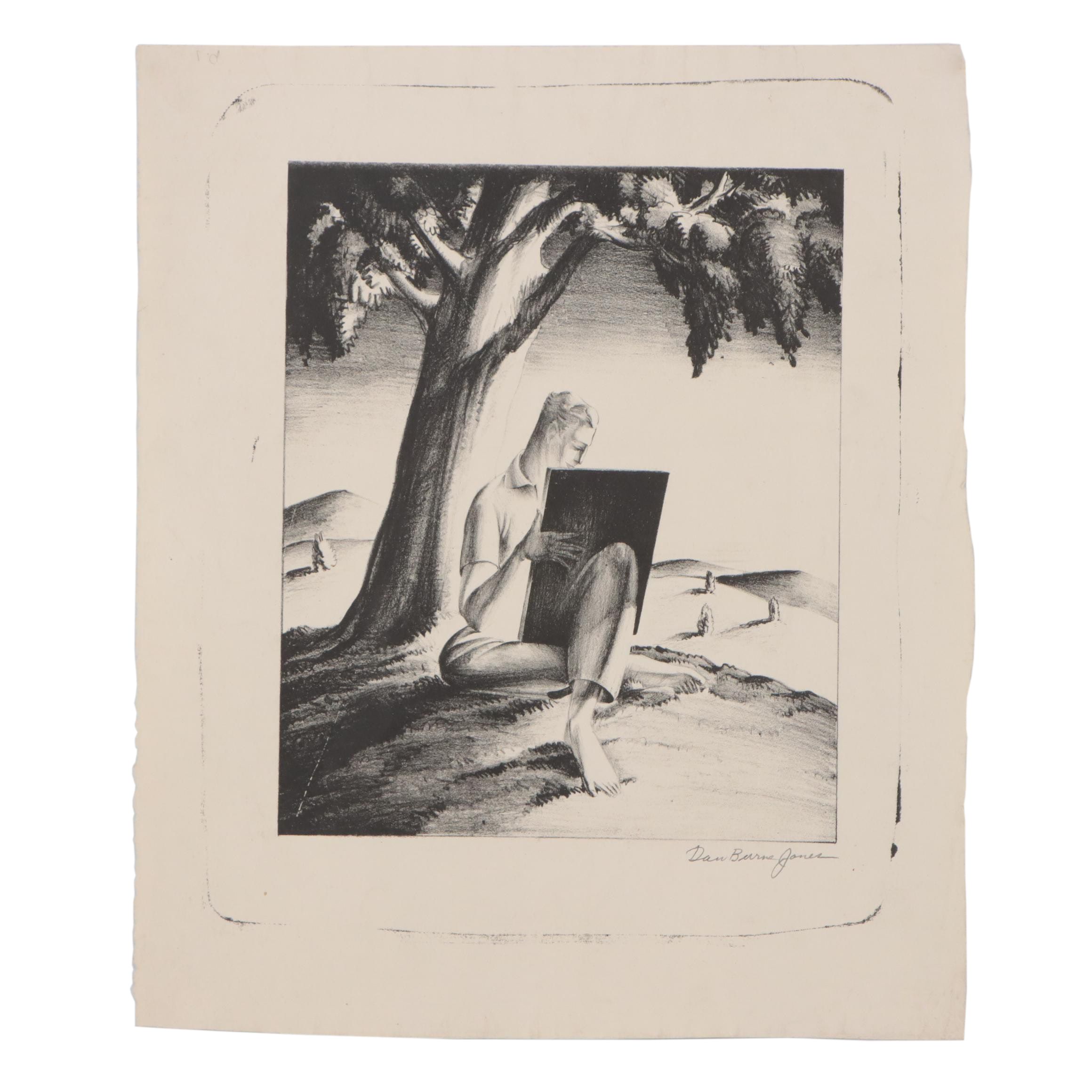 Dan Burne Jones Figurative Lithograph of Artist Sitting Under a Tree