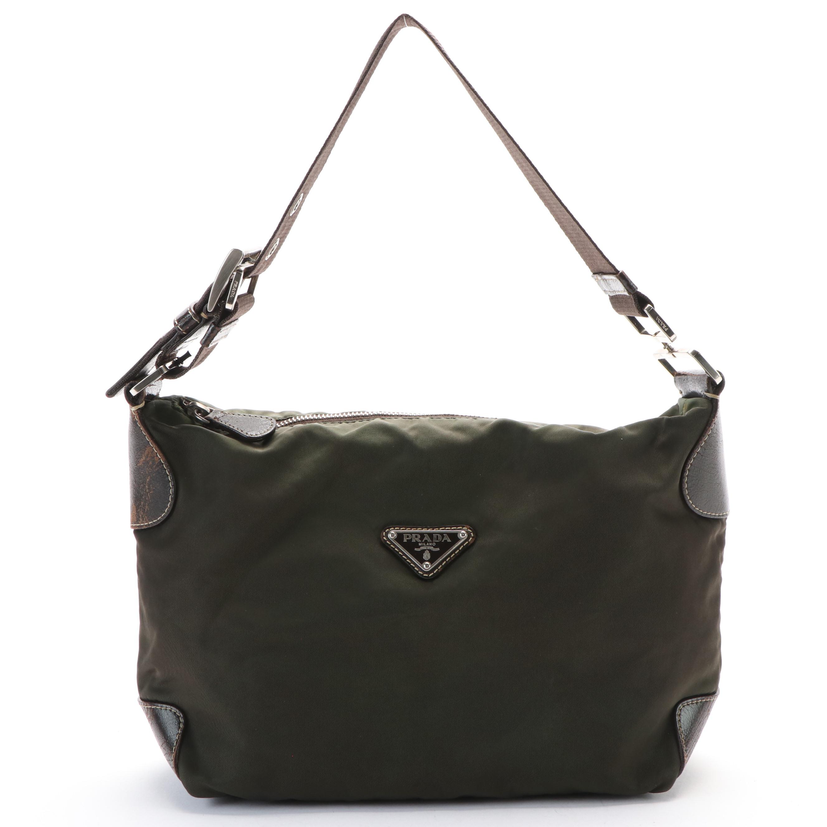 Prada Green Tessuto Nylon and Leather Shoulder Bag