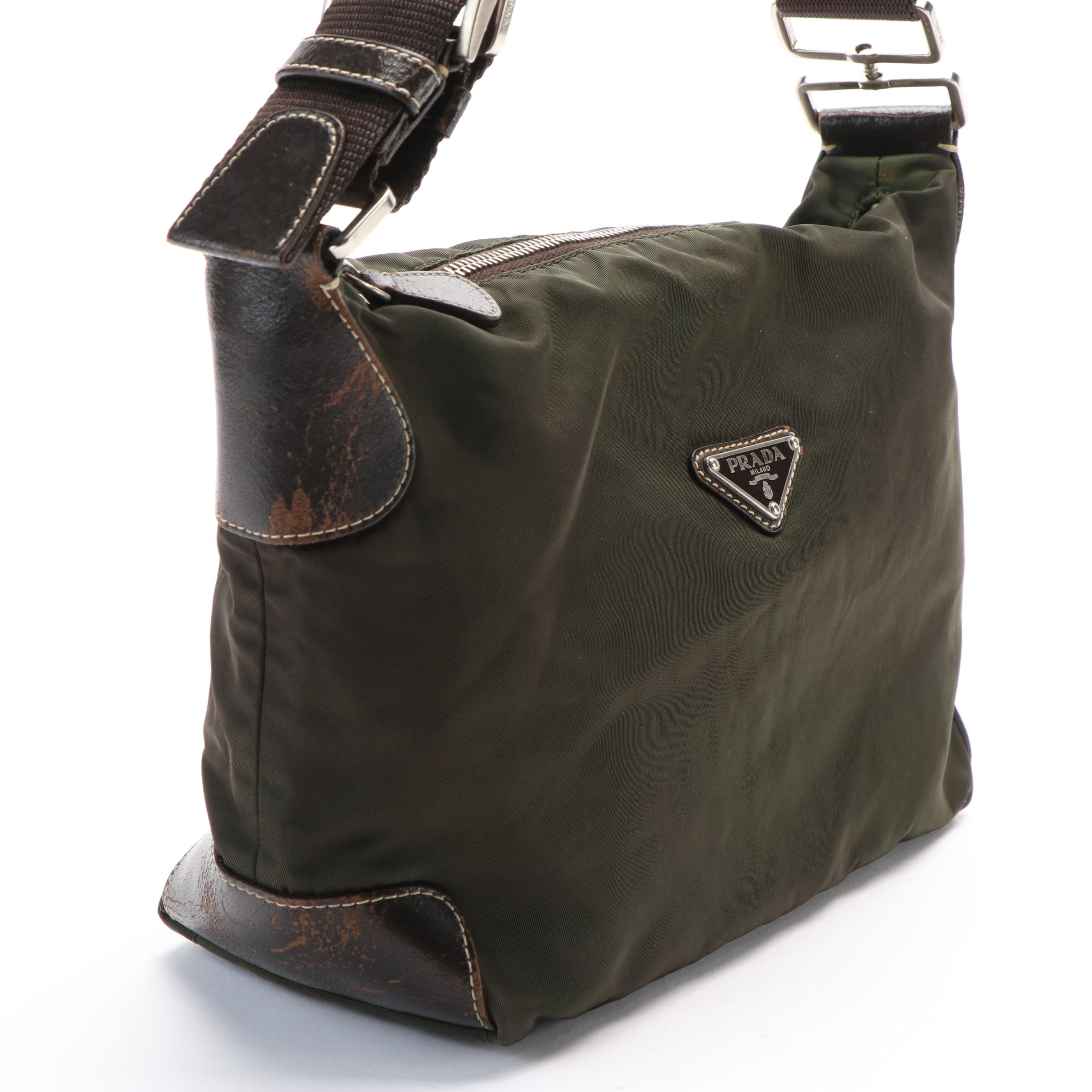Prada Green Tessuto Nylon and Leather Shoulder Bag