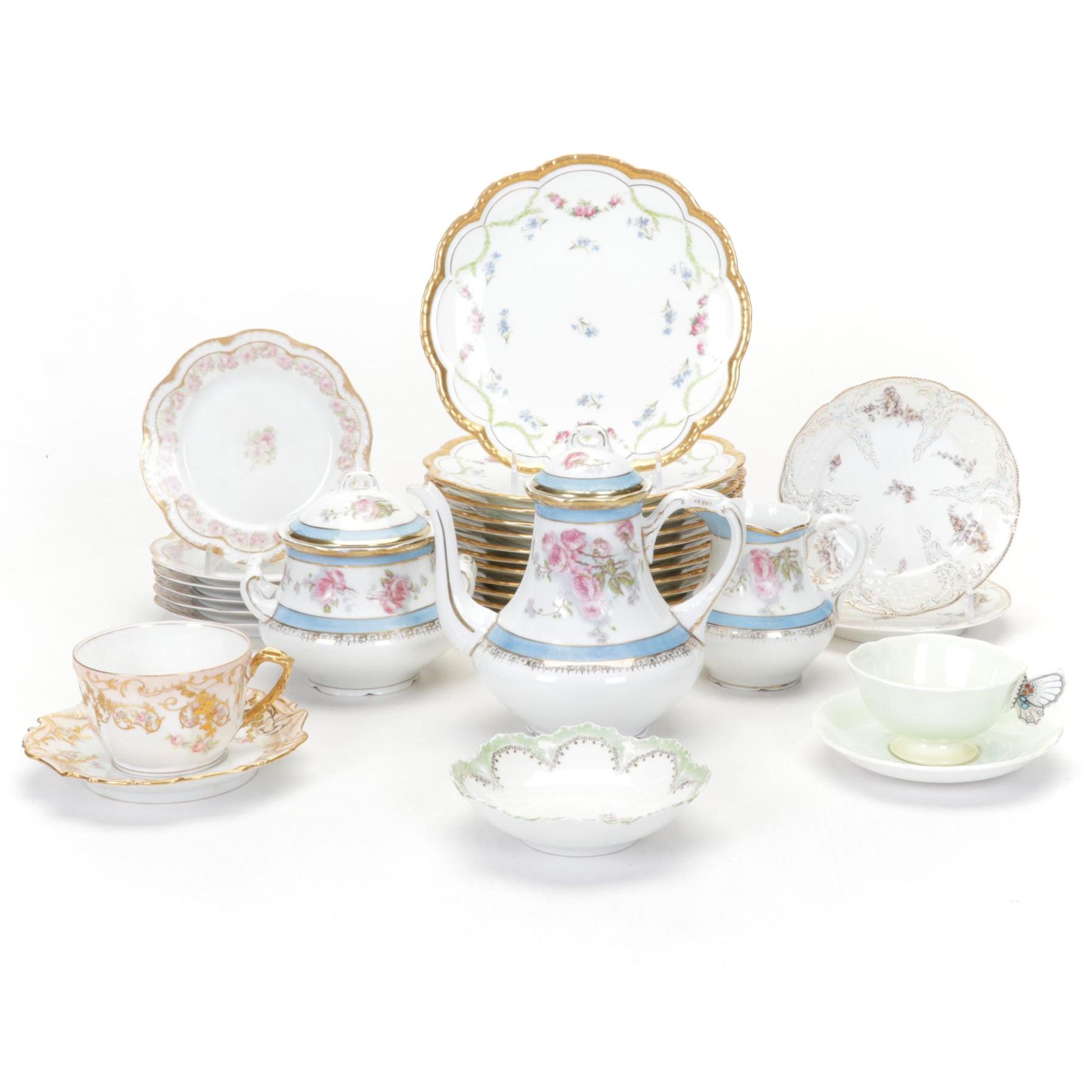 Royal Wettin Austria Coffee Set with Cauldon Gilded Plates and Other Tableware