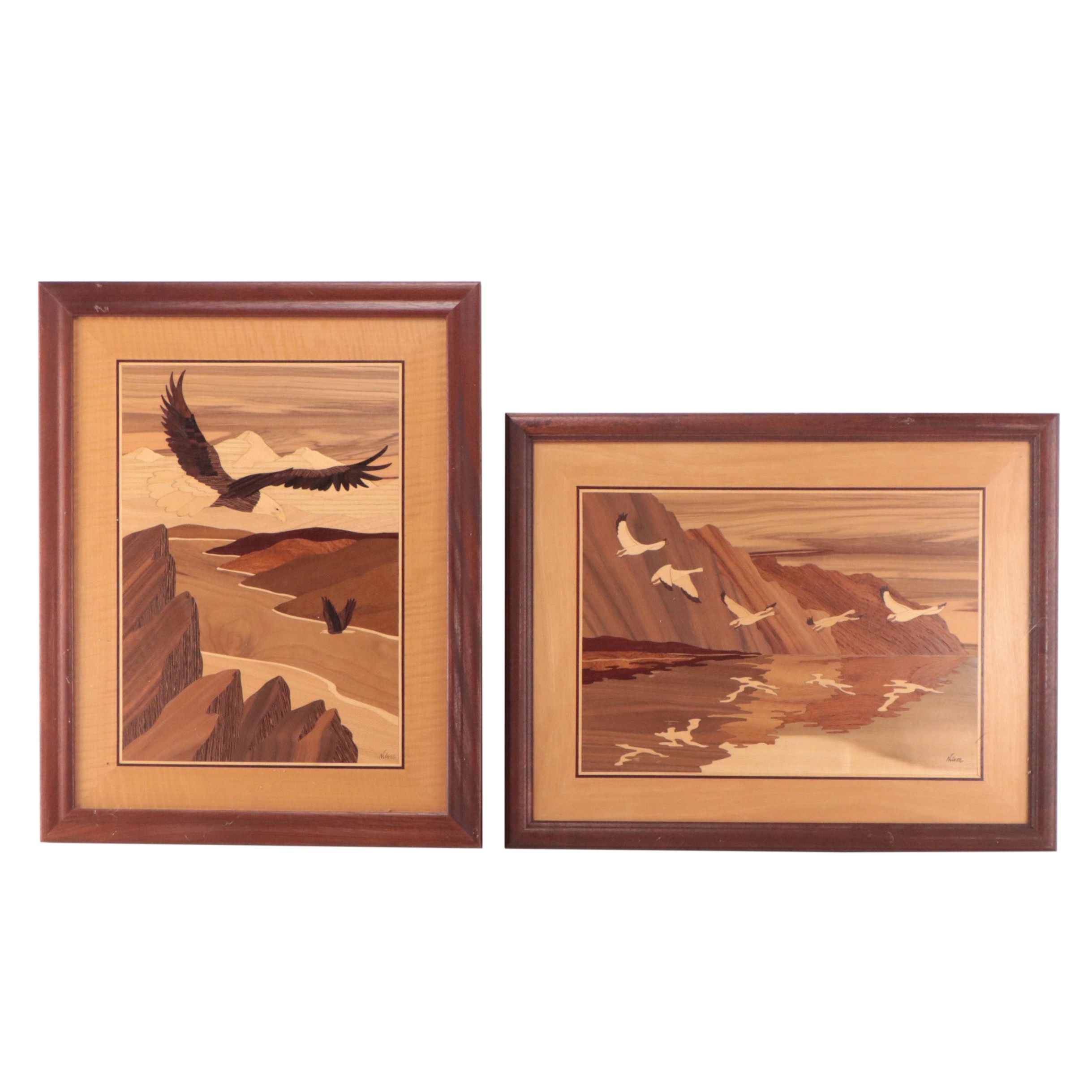 Nelson Wood Inlay Pictorial Wall Panels of Coastal Scenes