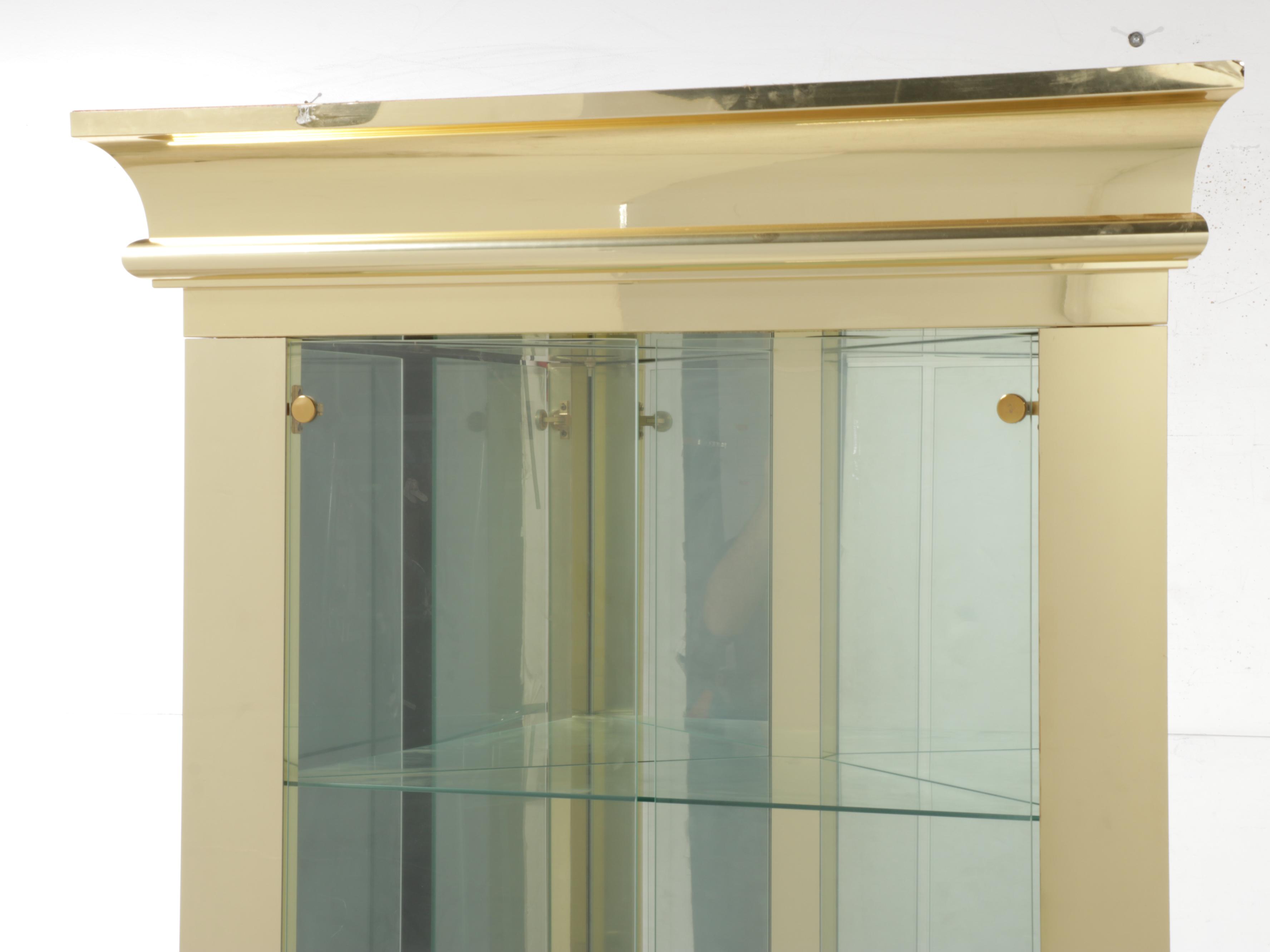 Pair of Brass-Clad, Glass-Front Corner Display Cabinets