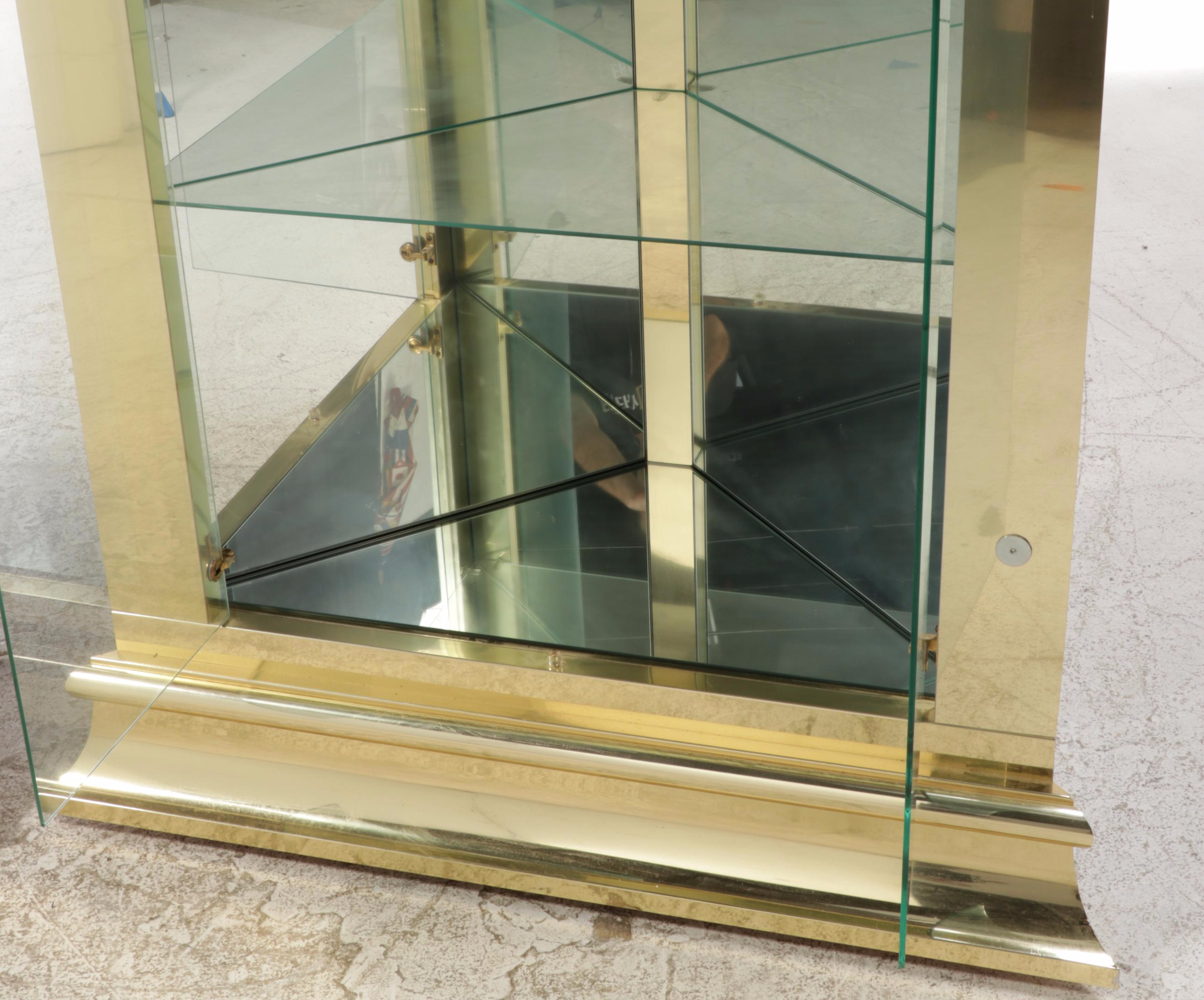 Pair of Brass-Clad, Glass-Front Corner Display Cabinets