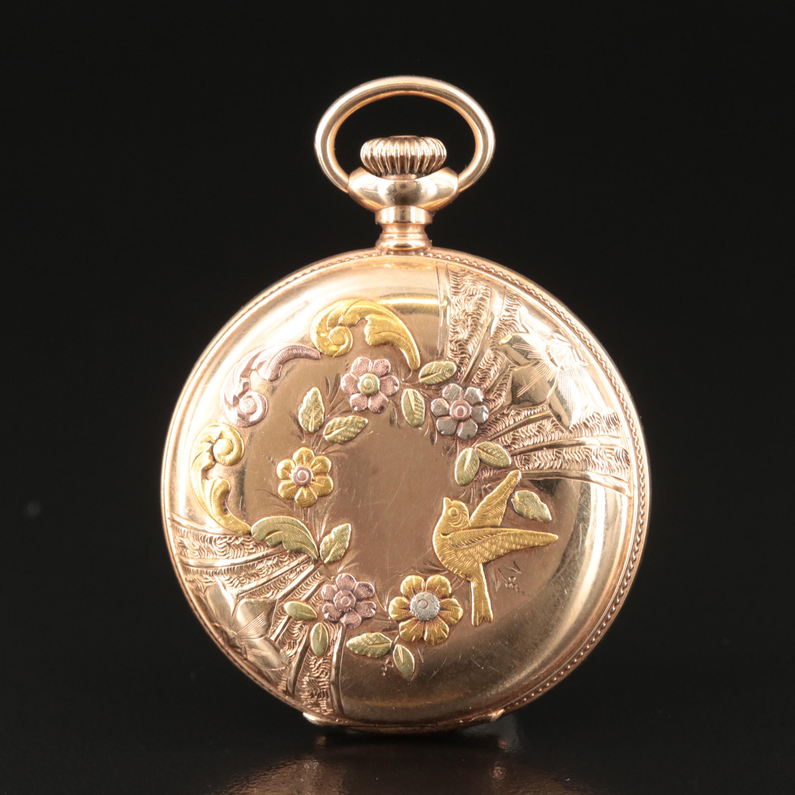 14K Waltham Multi-Color Ornate Hunting Case Pocket Watch