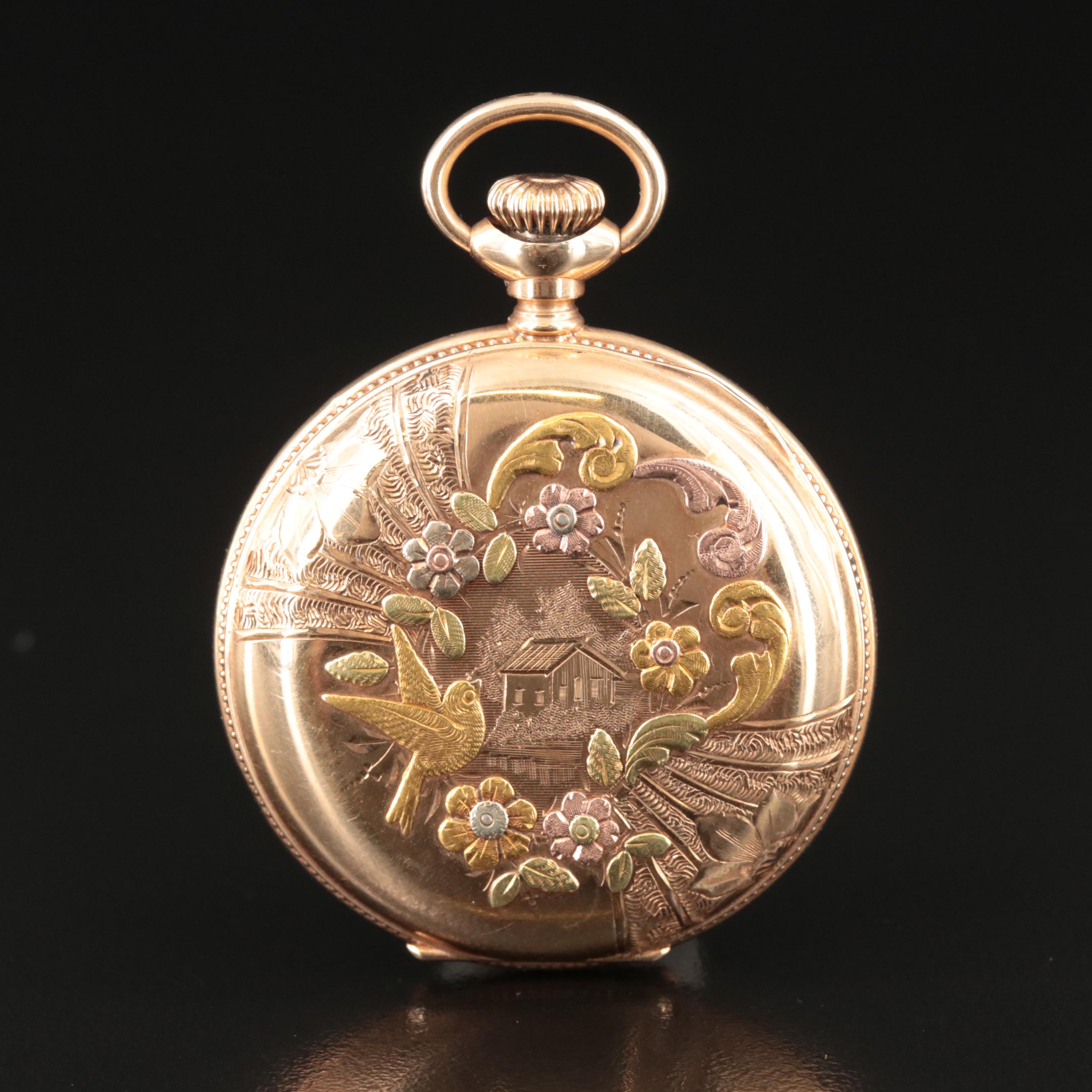 14K Waltham Multi-Color Ornate Hunting Case Pocket Watch