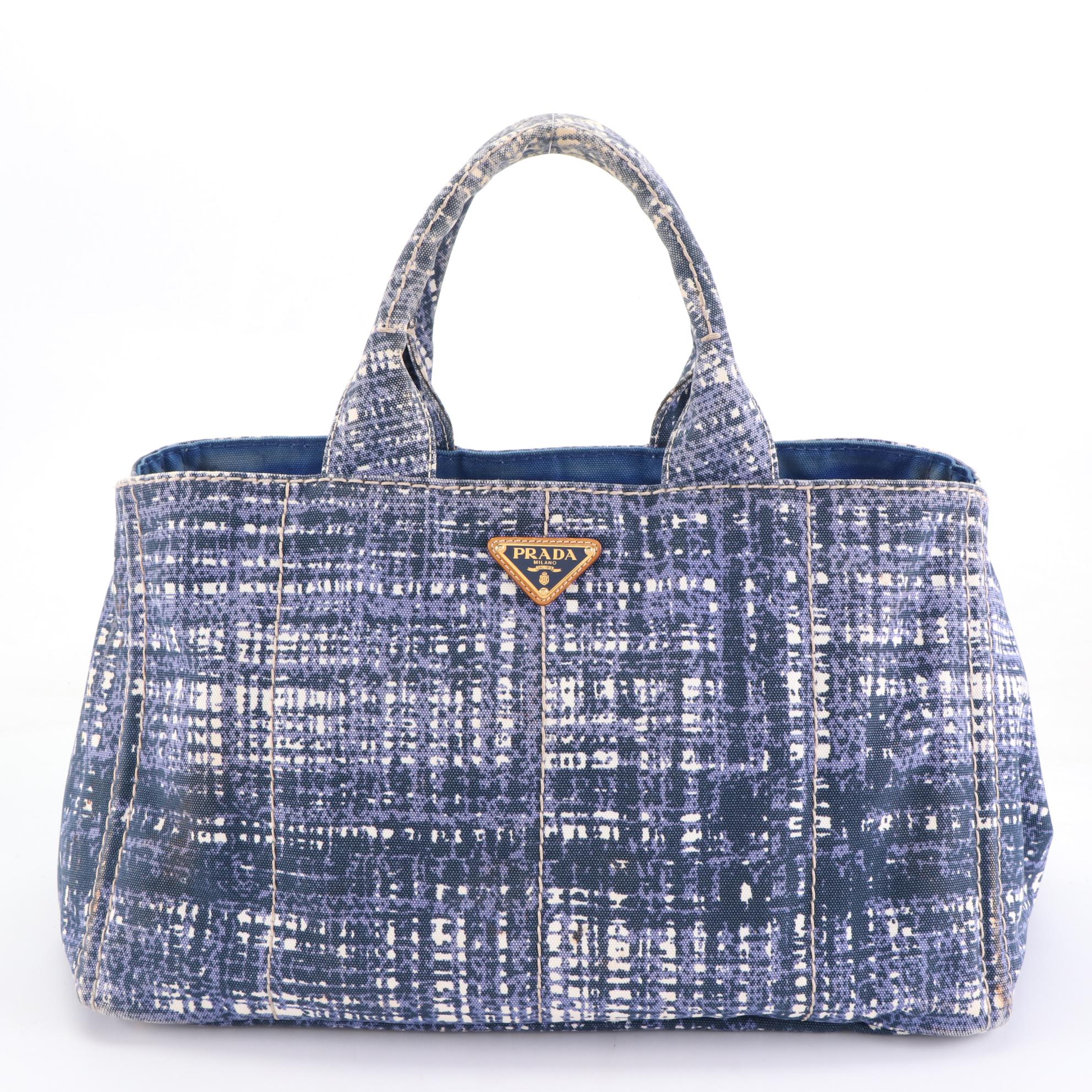 Prada Tote Bag B1872B in Distressed Tweed Print Canapa Canvas
