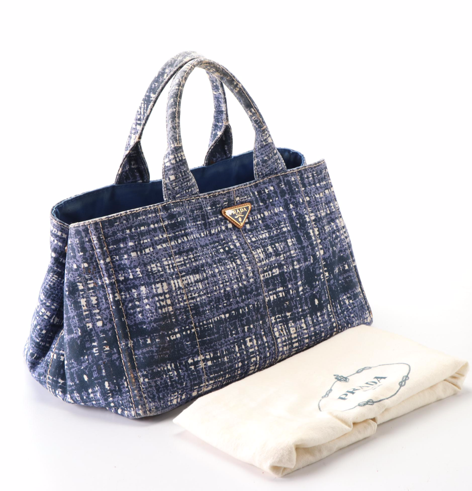 Prada Tote Bag B1872B in Distressed Tweed Print Canapa Canvas