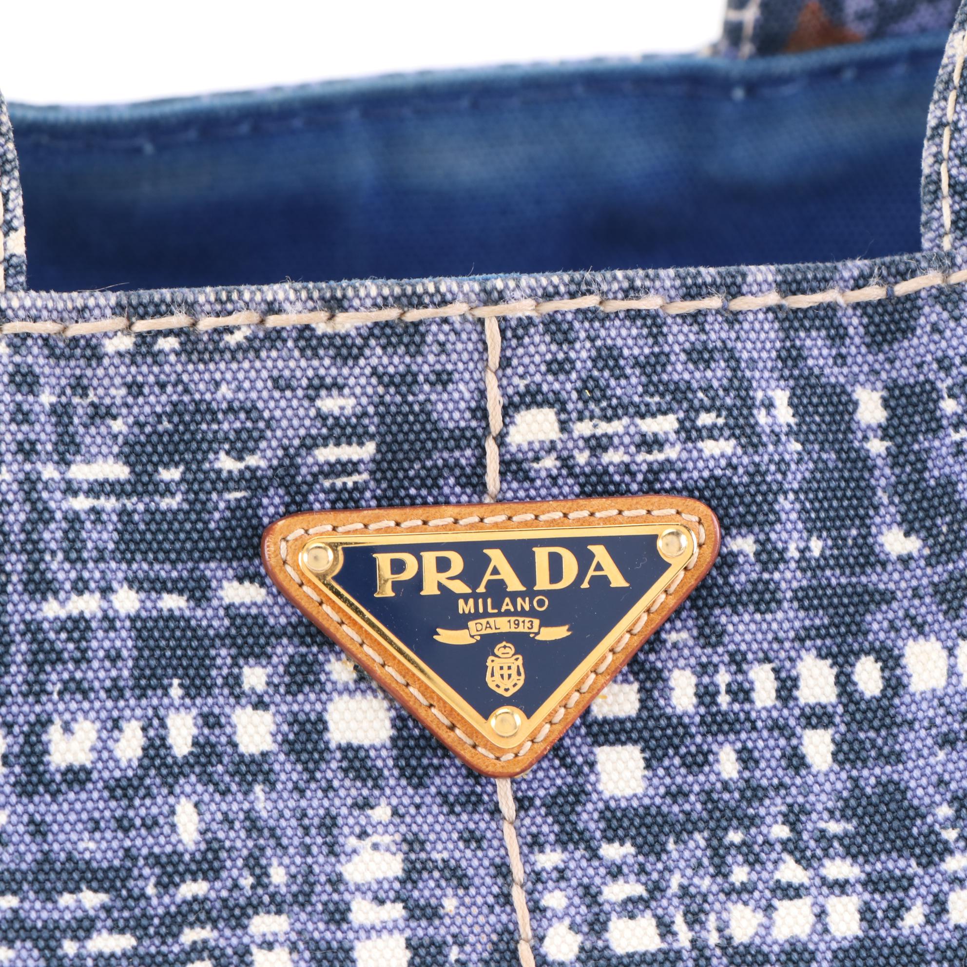 Prada Tote Bag B1872B in Distressed Tweed Print Canapa Canvas