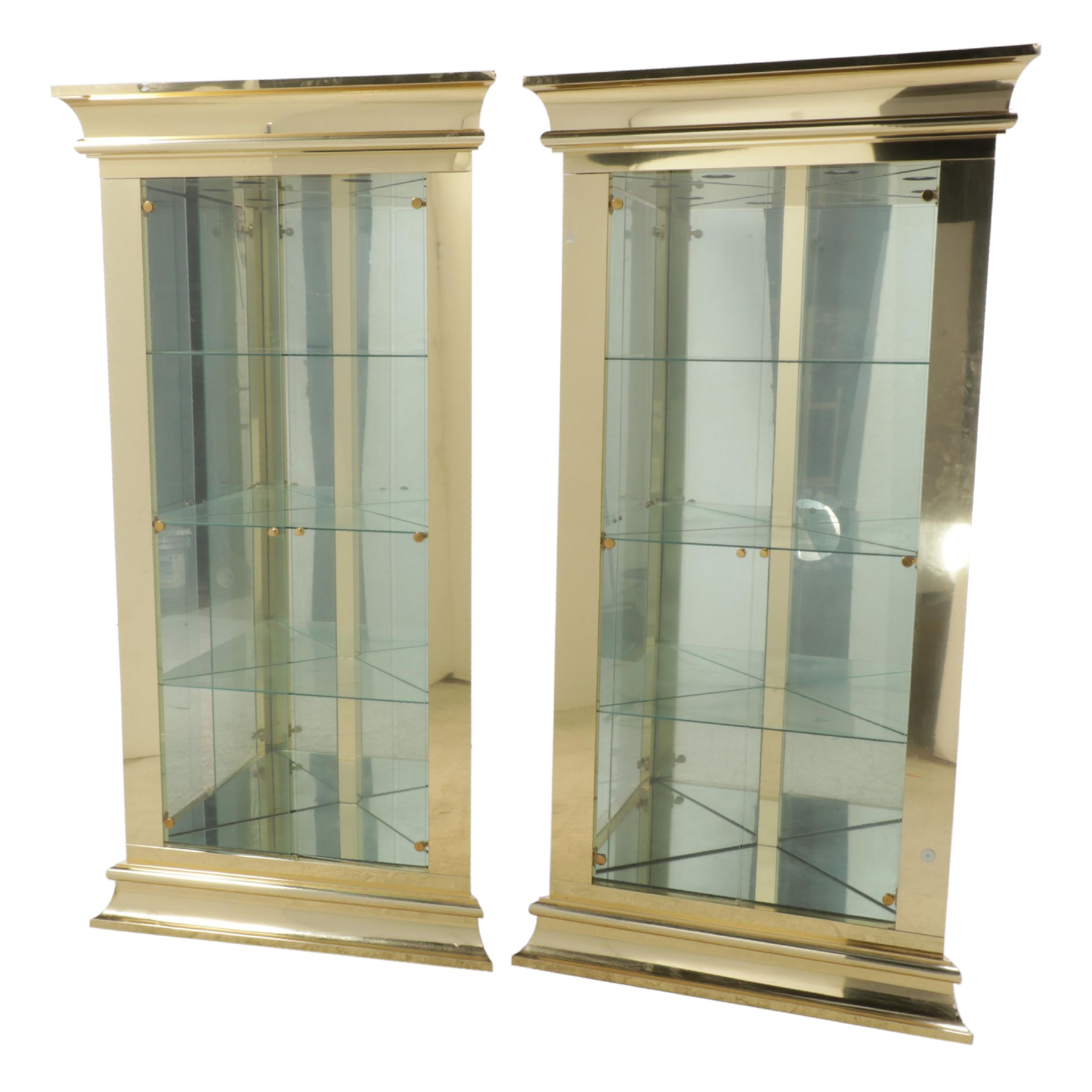 Pair of Brass-Clad, Glass-Front Corner Display Cabinets