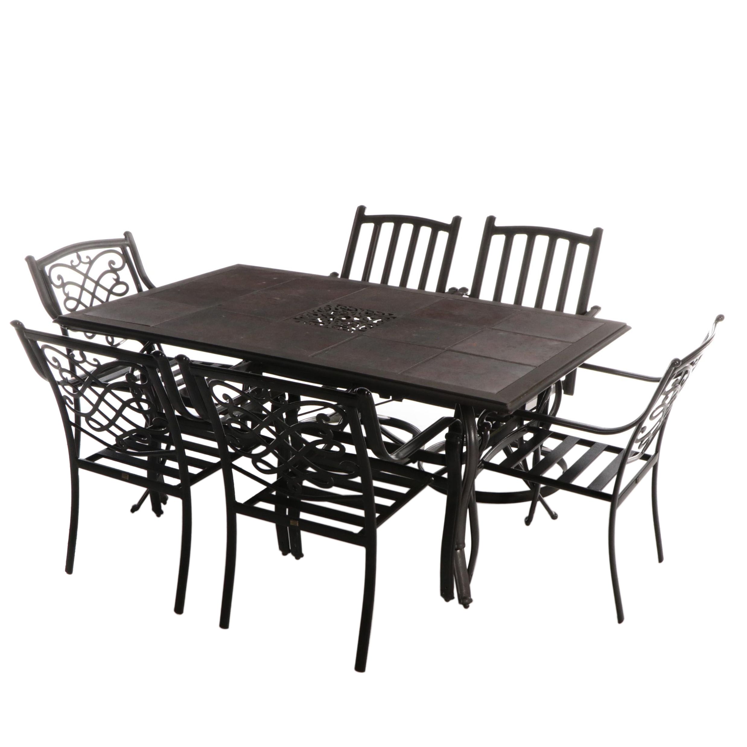 Tiled Metal Patio Dining Table With Swivel Captain's Chairs and Armchairs